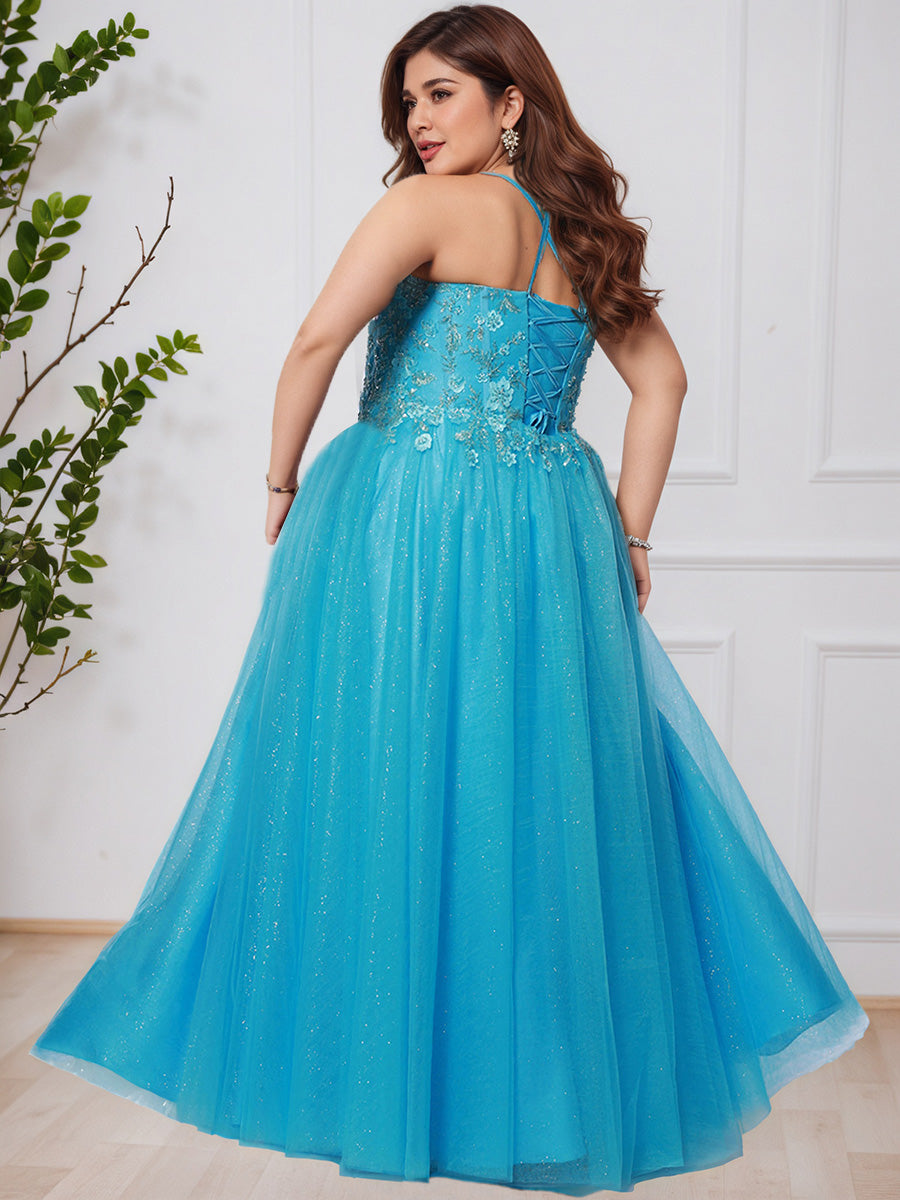 Cicinia Bleu Crème Robe de Bal Longue Fluide à Bretelles Fines en Dentelle et Tulle Grande Taille