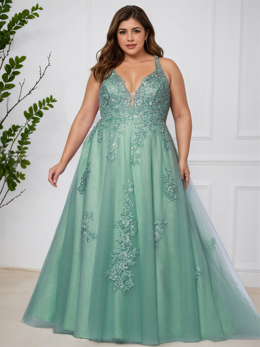 Cicinia Jade Robe de Bal Dentelle Tulle Profond Décolleté en V Sans Manches Longue Princesse Grande Taille