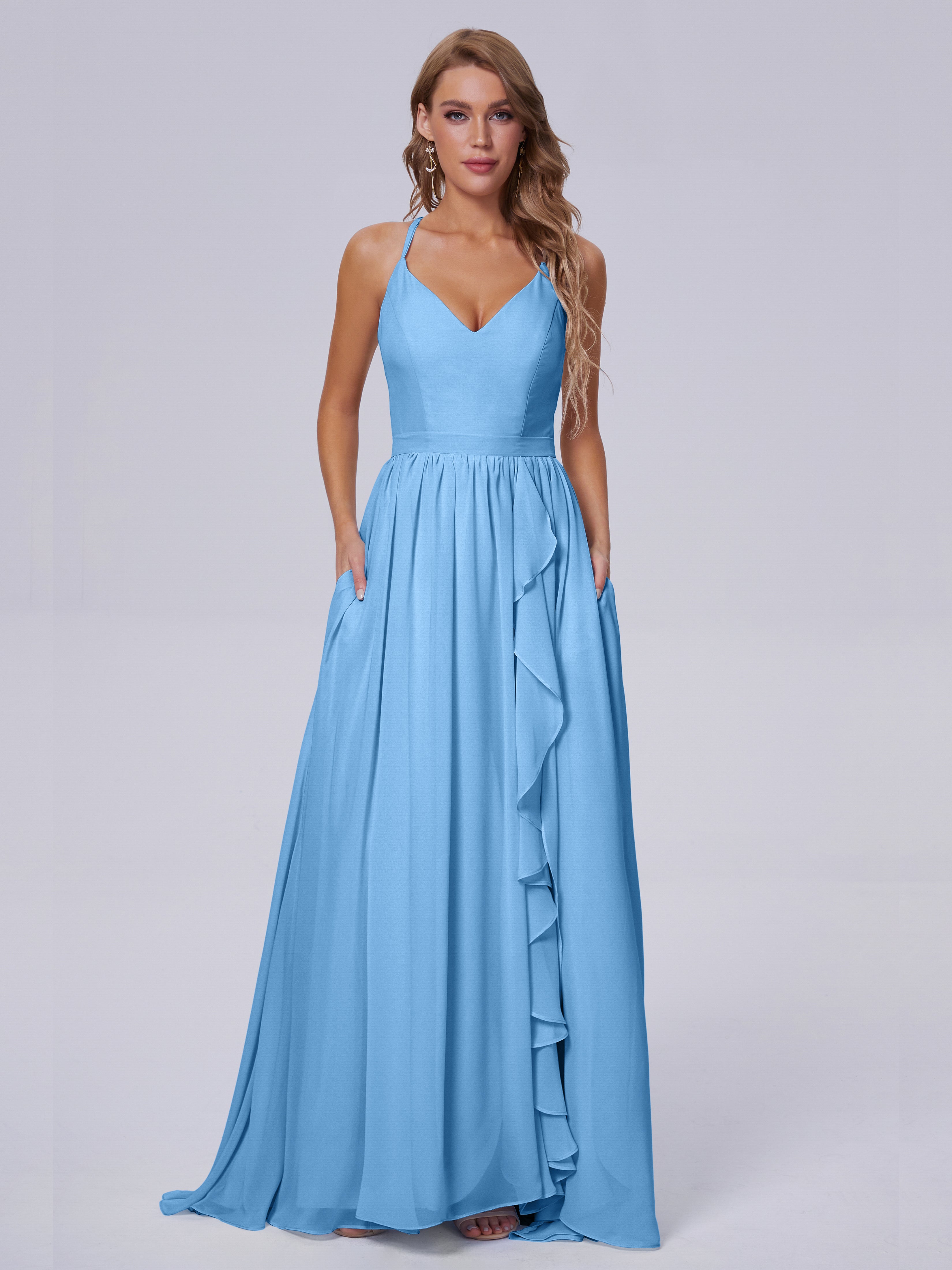 Robes De Demoiselle D'Honneur Bleues Asymétrique Mousseline Robes Demoiselle D'Honneur