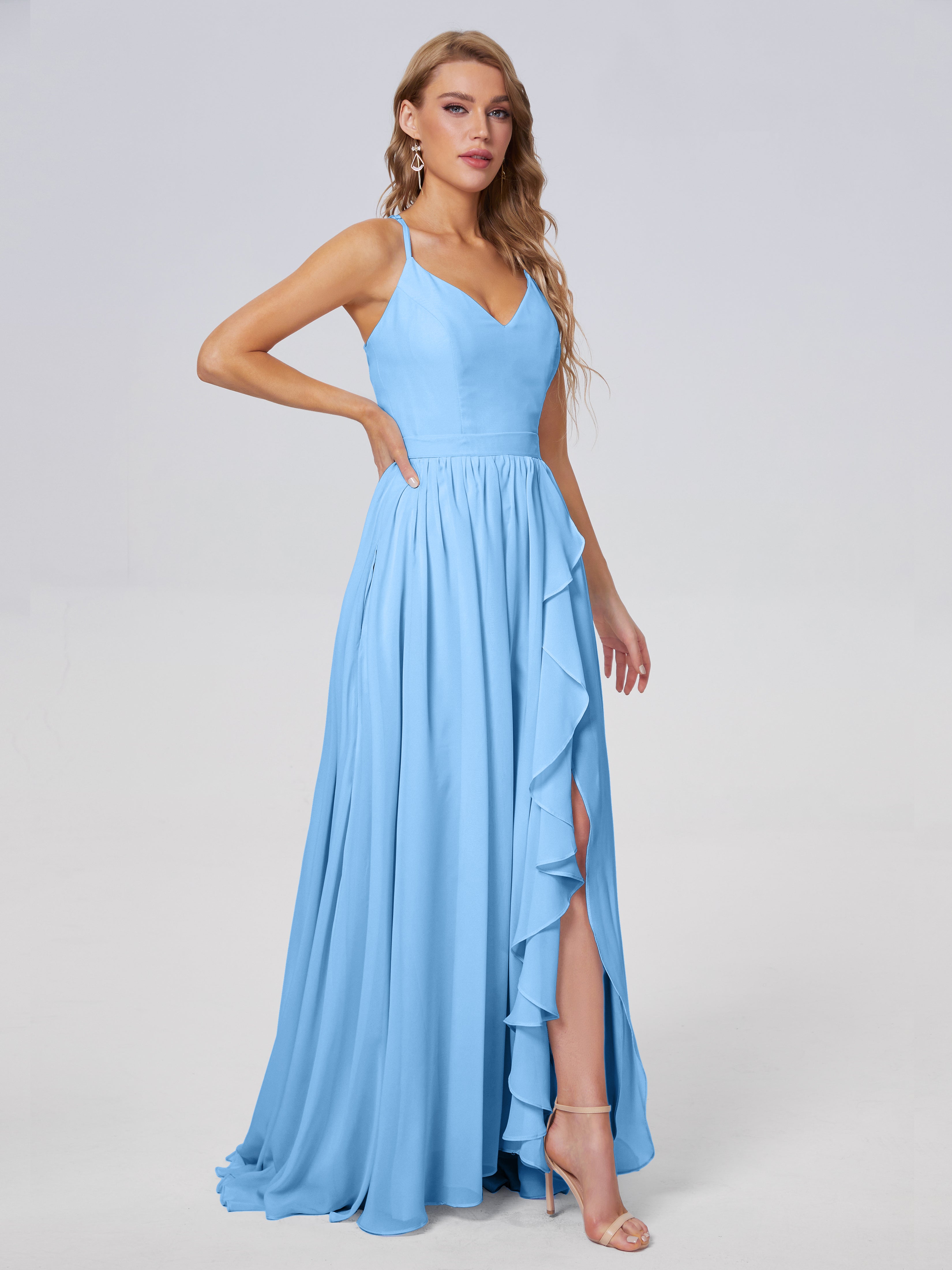 Robes De Demoiselle D'Honneur Bleues Asymétrique Mousseline Robes Demoiselle D'Honneur