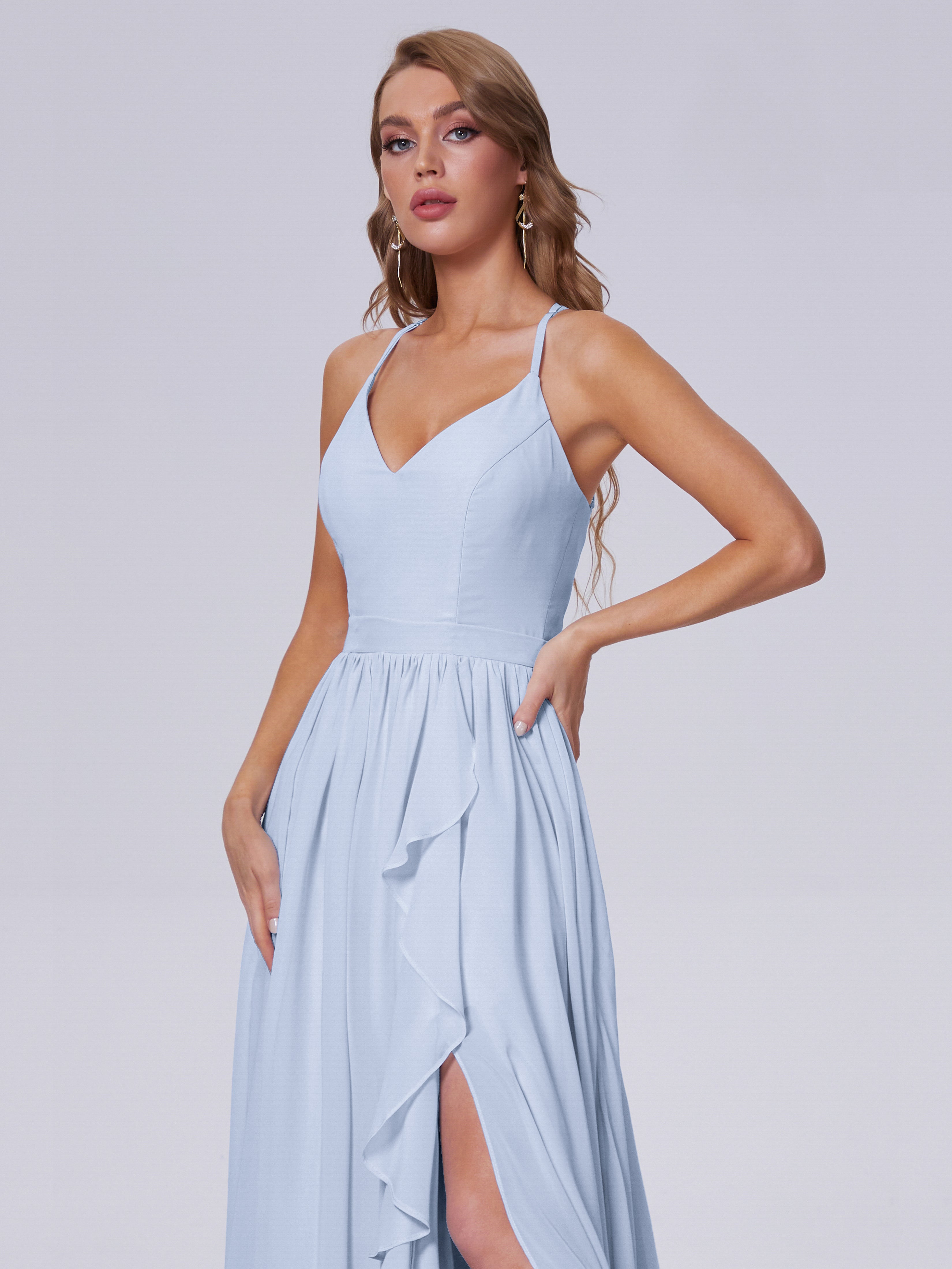 Robe De Demoiselle D Honneur Bleu Ciel Asymétrique Mousseline Robes Demoiselle D'Honneur