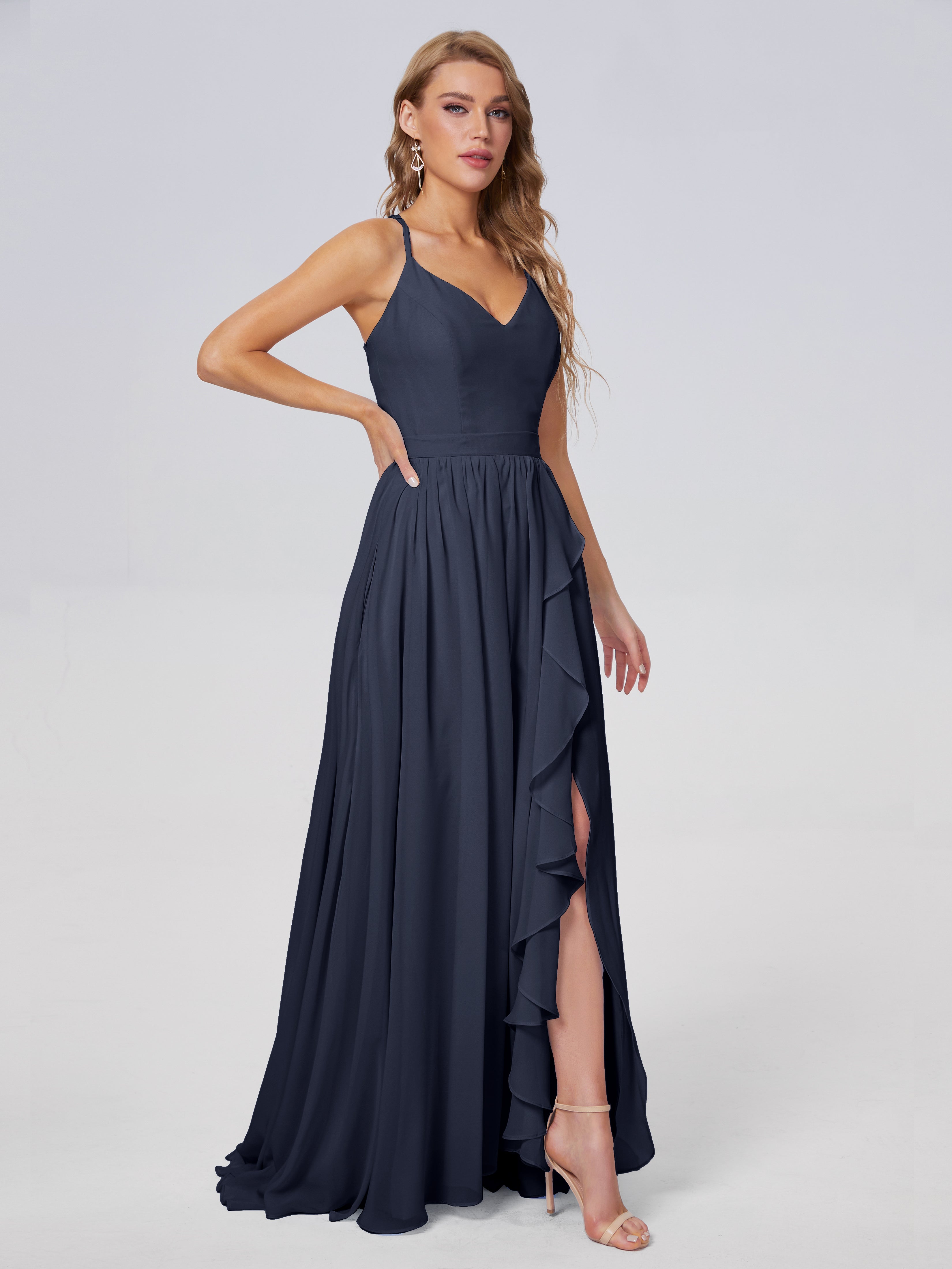 Robe De Demoiselle D Honneur Bleu Marine Asymétrique Mousseline Robes Demoiselle D'Honneur
