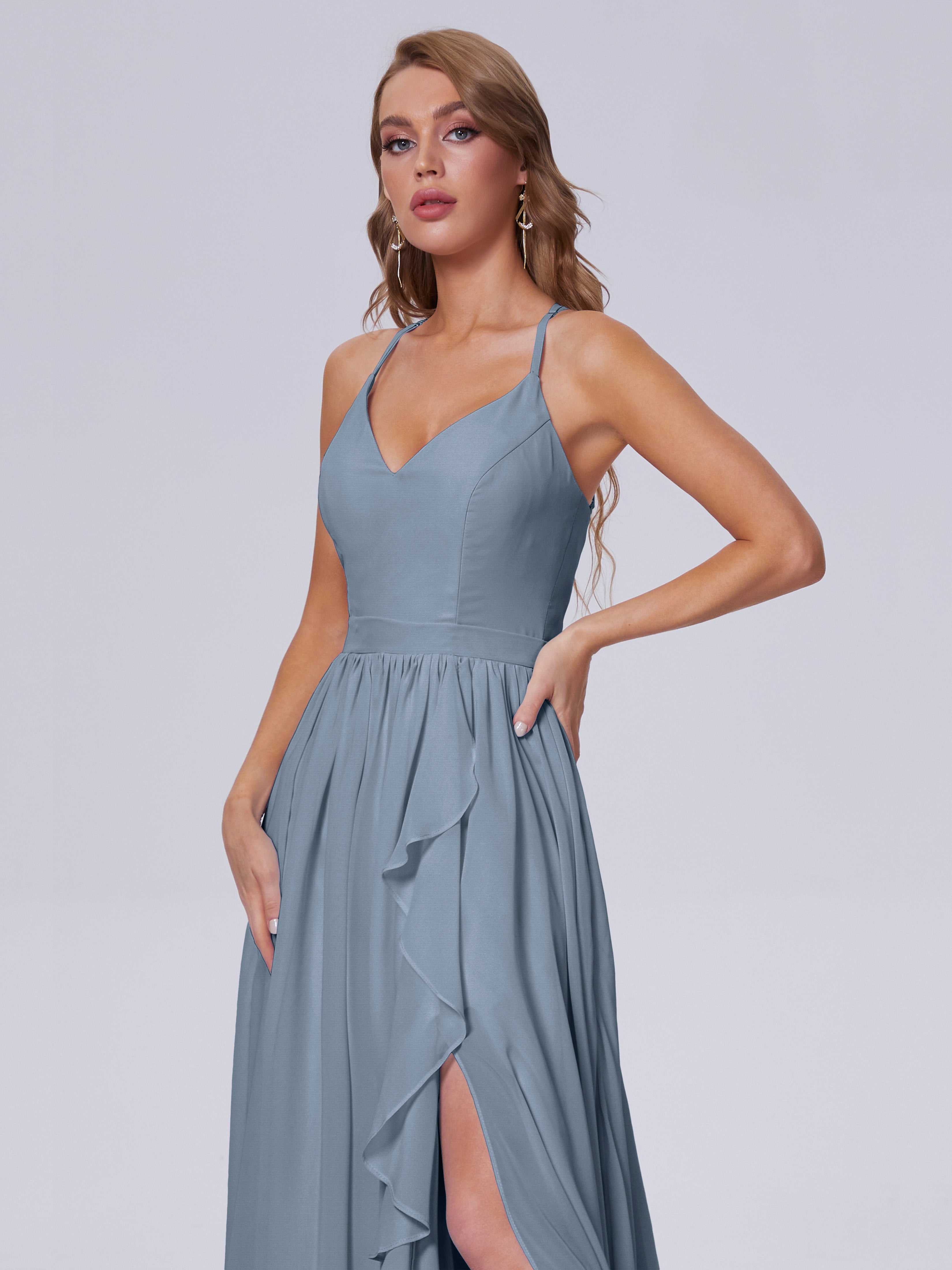 Robes De Demoiselle D'Honneur Bleu Poudre Asymétrique Mousseline Robes Demoiselle D'Honneur