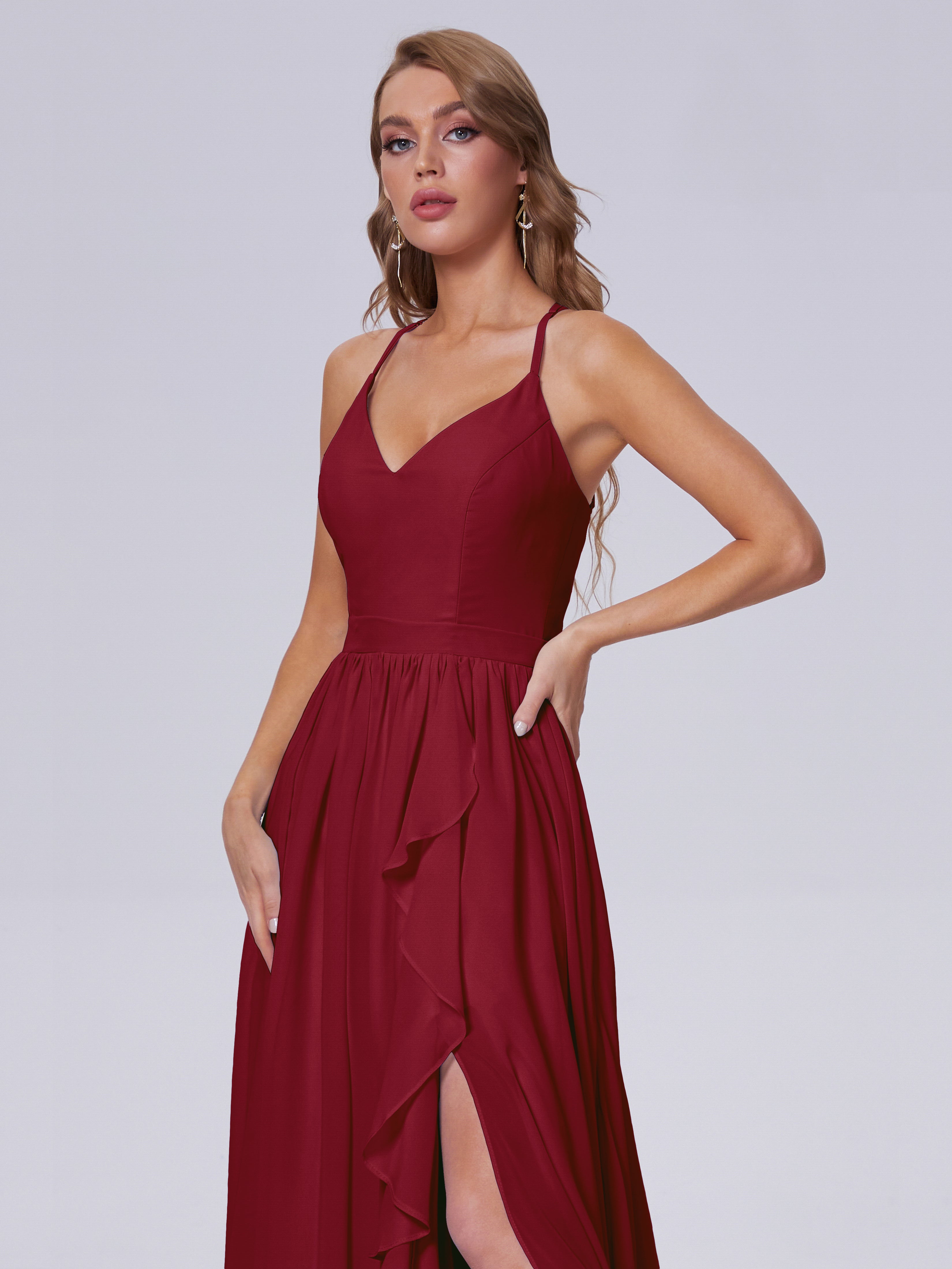 Modestes Robes De Demoiselle D'Honneur Bordeaux Asymétrique Mousseline Robes Demoiselle D'Honneur