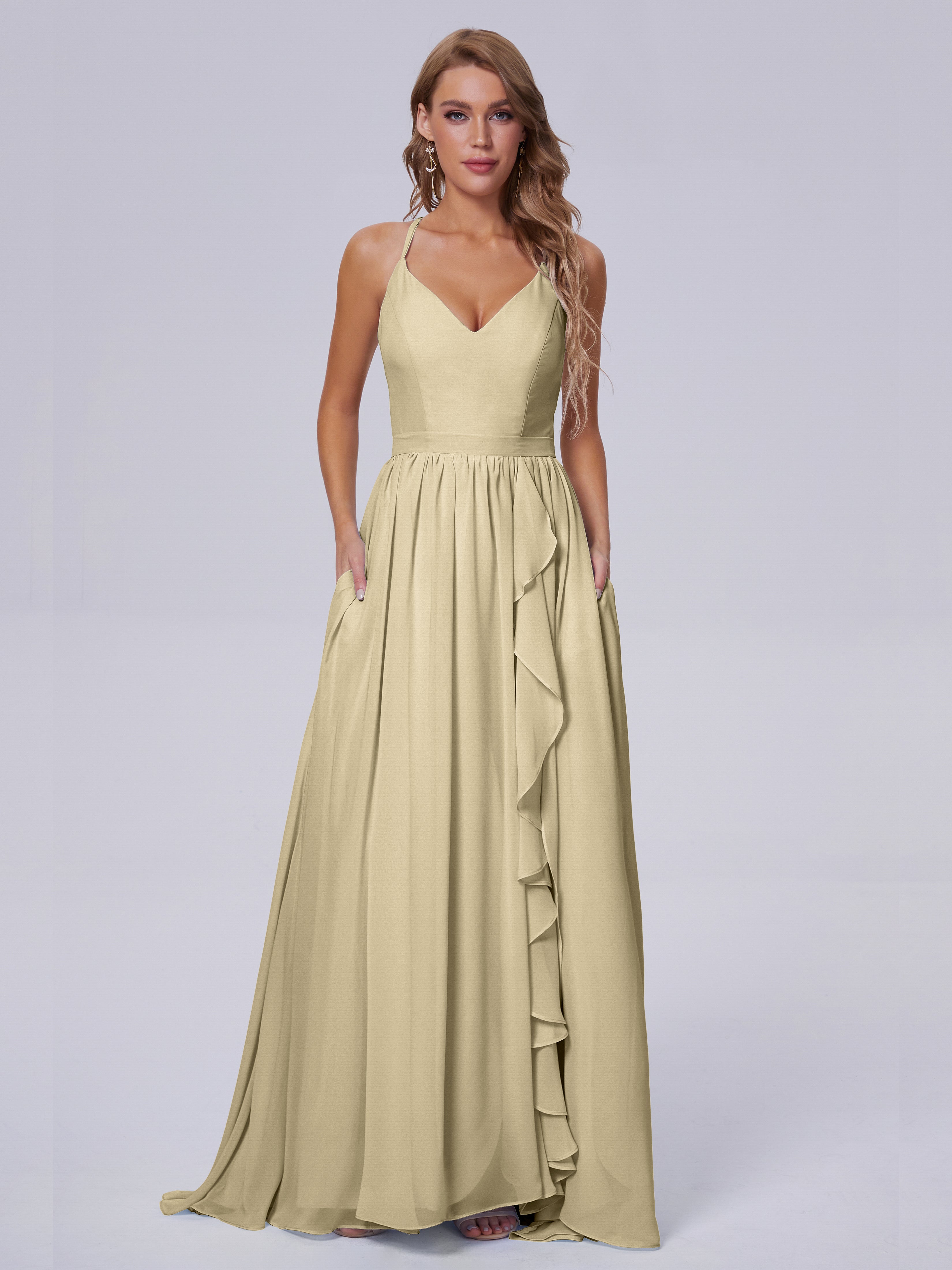 Robes De Demoiselle D'Honneur Couleur Champagne Asymétrique Mousseline Robes Demoiselle D'Honneur