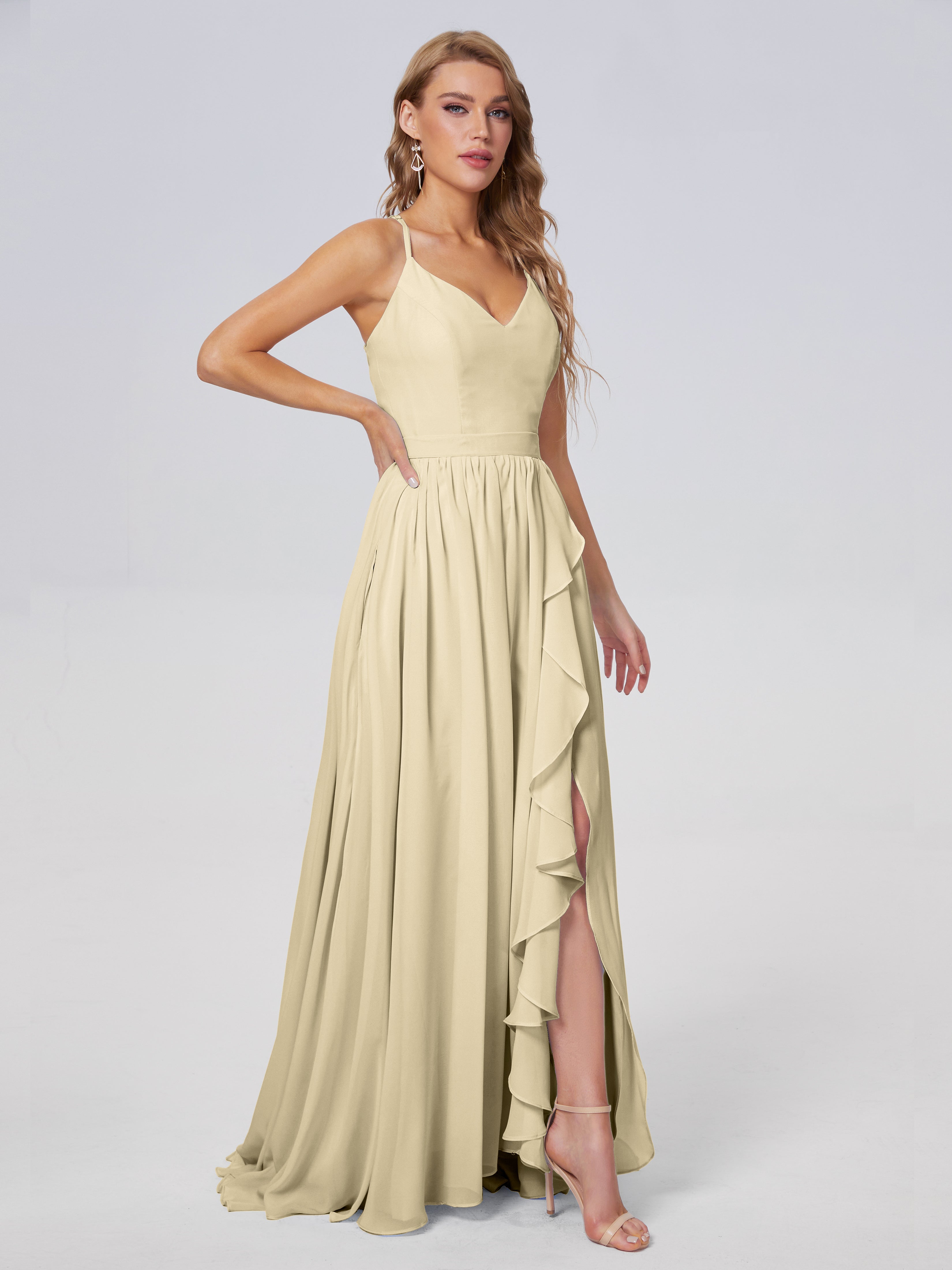 Robes De Demoiselle D'Honneur Couleur Champagne Asymétrique Mousseline Robes Demoiselle D'Honneur