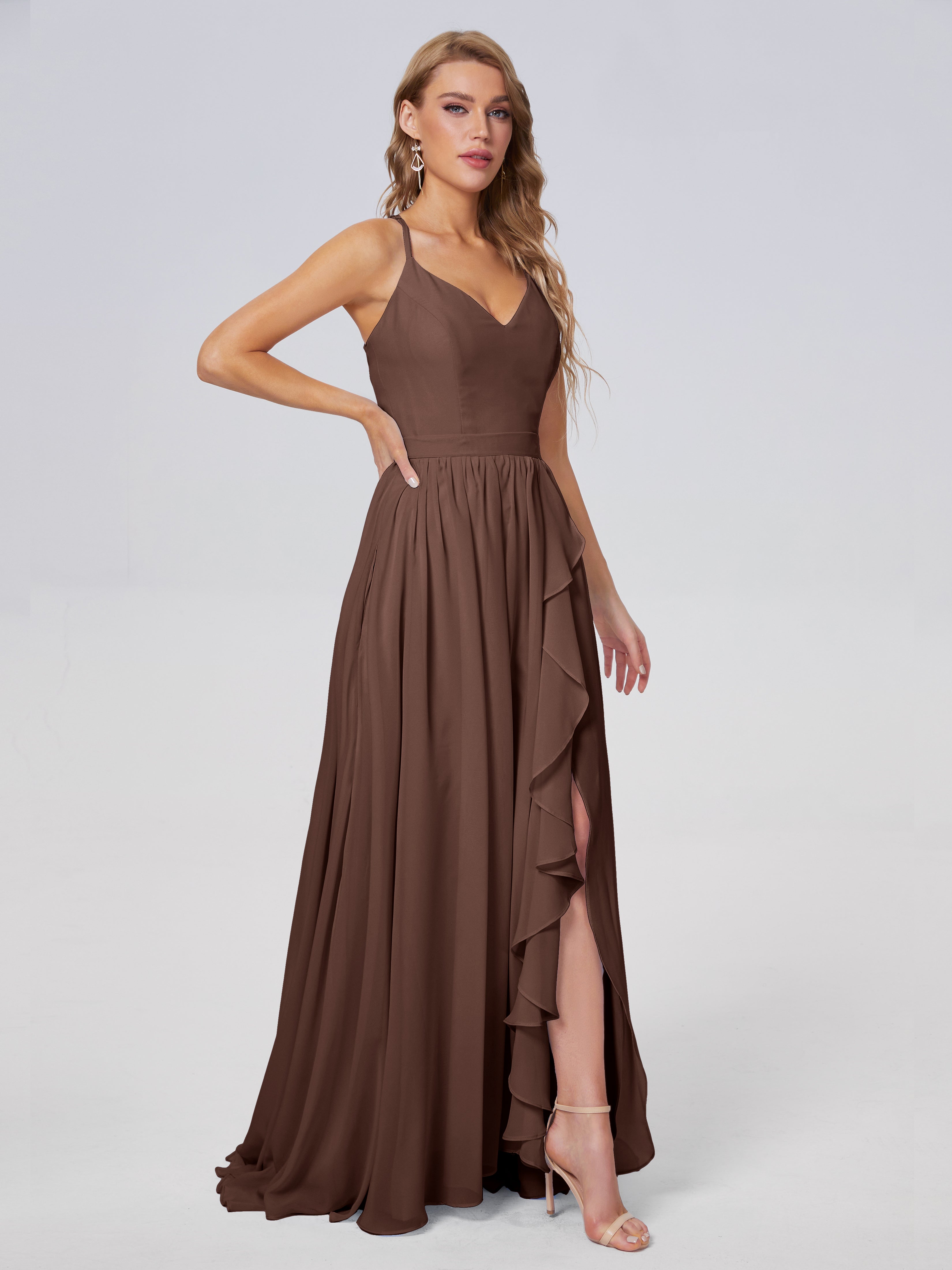 Robes De Demoiselle D'Honneur En Chocolat Asymétrique Mousseline Robes Demoiselle D'Honneur