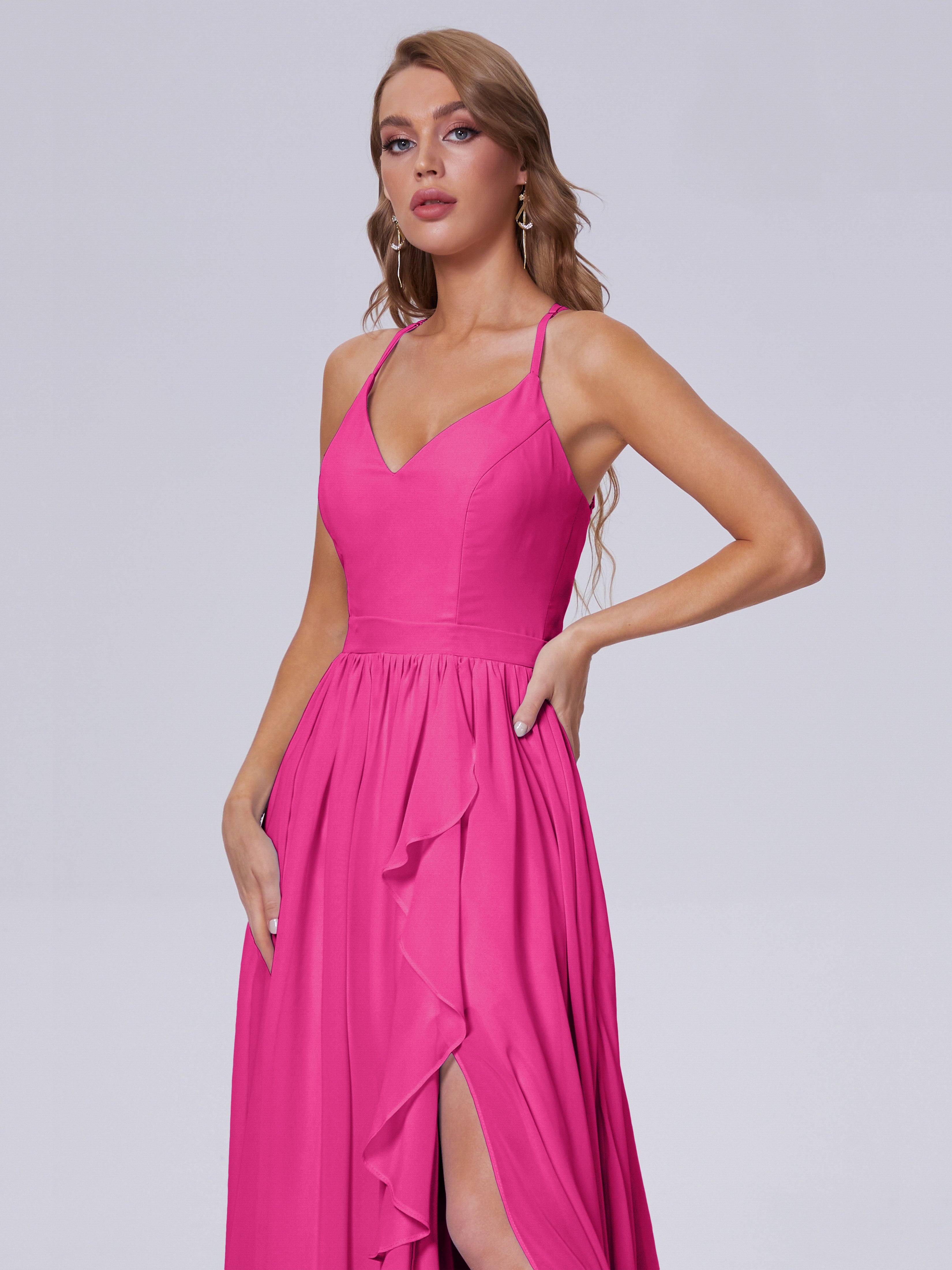 Robes De Demoiselle D'Honneur Rose Fuchsia Asymétrique Mousseline Robes Demoiselle D'Honneur