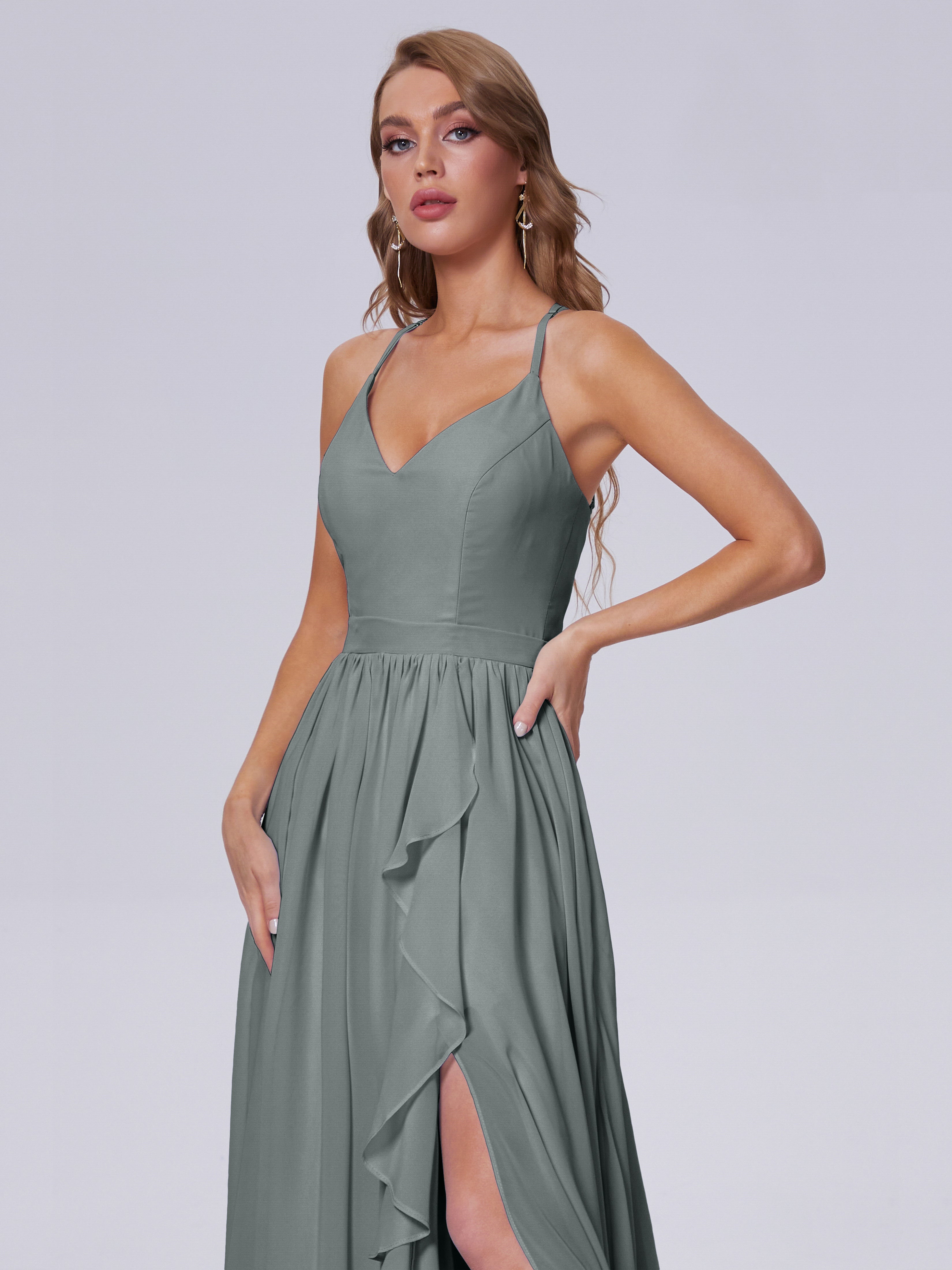 Robe De Demoiselle D Honneur Gris Asymétrique Mousseline Robes Demoiselle D'Honneur
