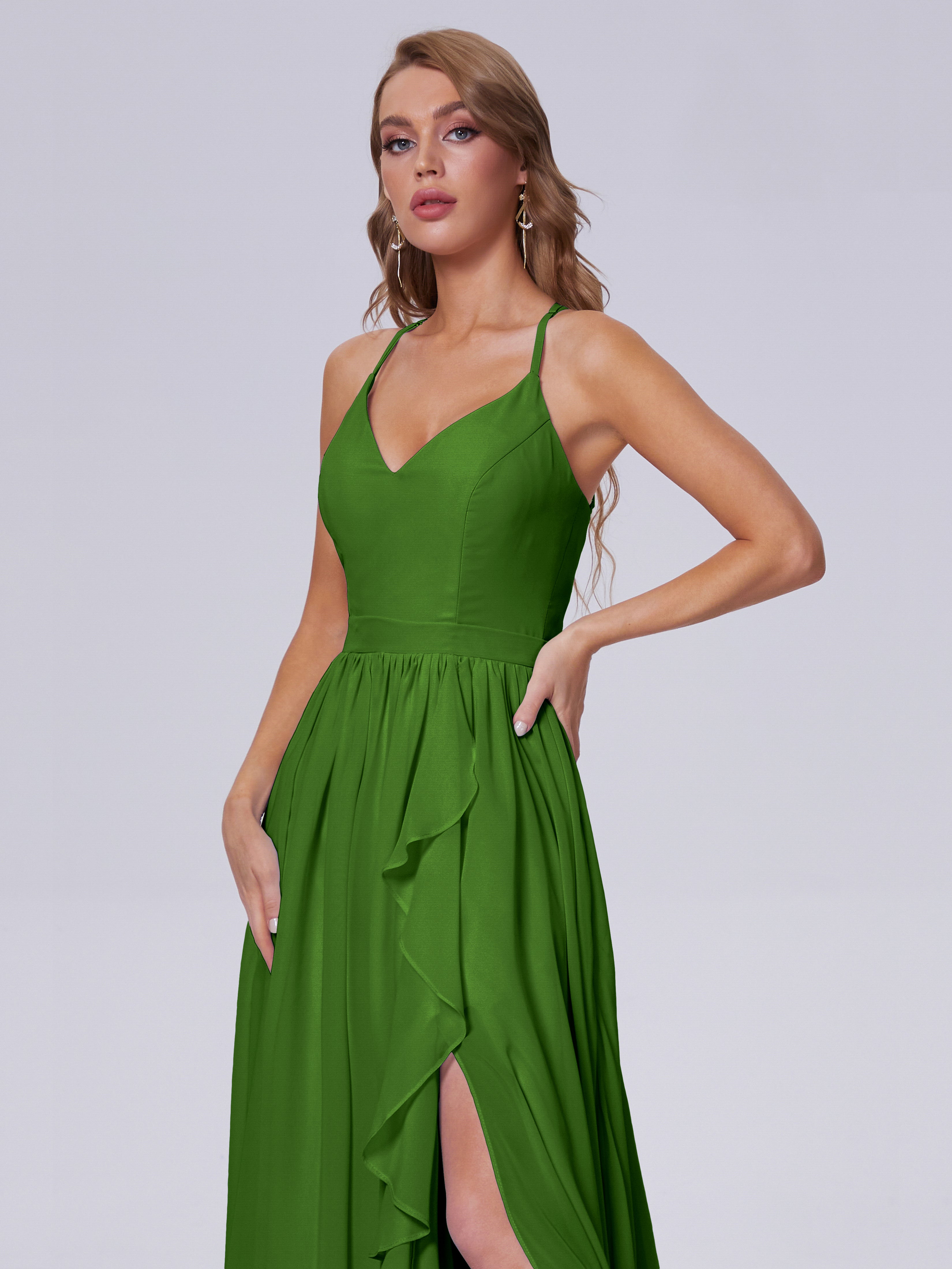 Robes De Demoiselle D'Honneur Vert Mousse Asymétrique Mousseline Robes Demoiselle D'Honneur