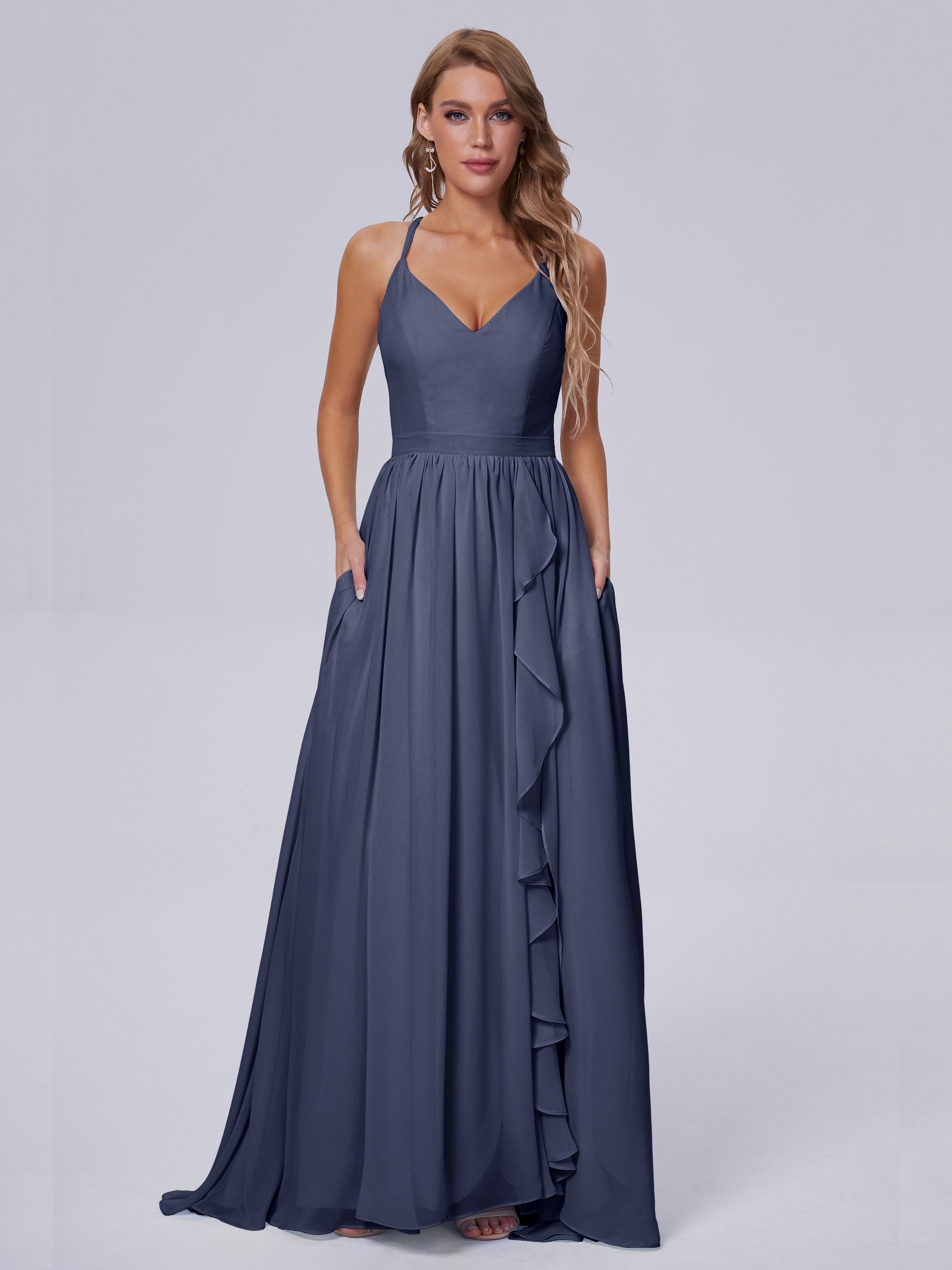 Robes De Demoiselle D'Honneur Bleu Orageux Asymétrique Mousseline Robes Demoiselle D'Honneur