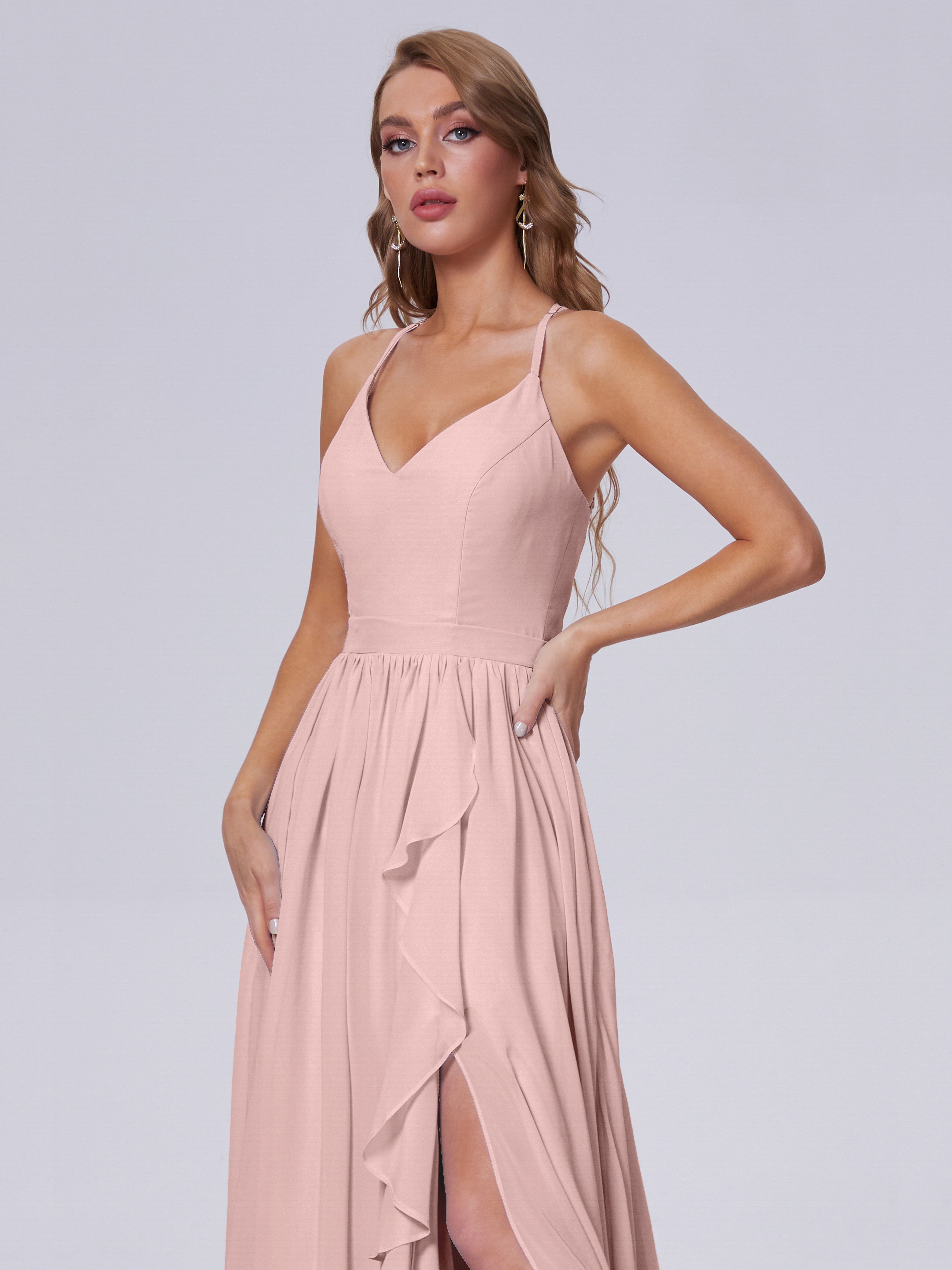 Robes Demoiselle D Honneur Rose Poudré Asymétrique Mousseline Robes Demoiselle D'Honneur