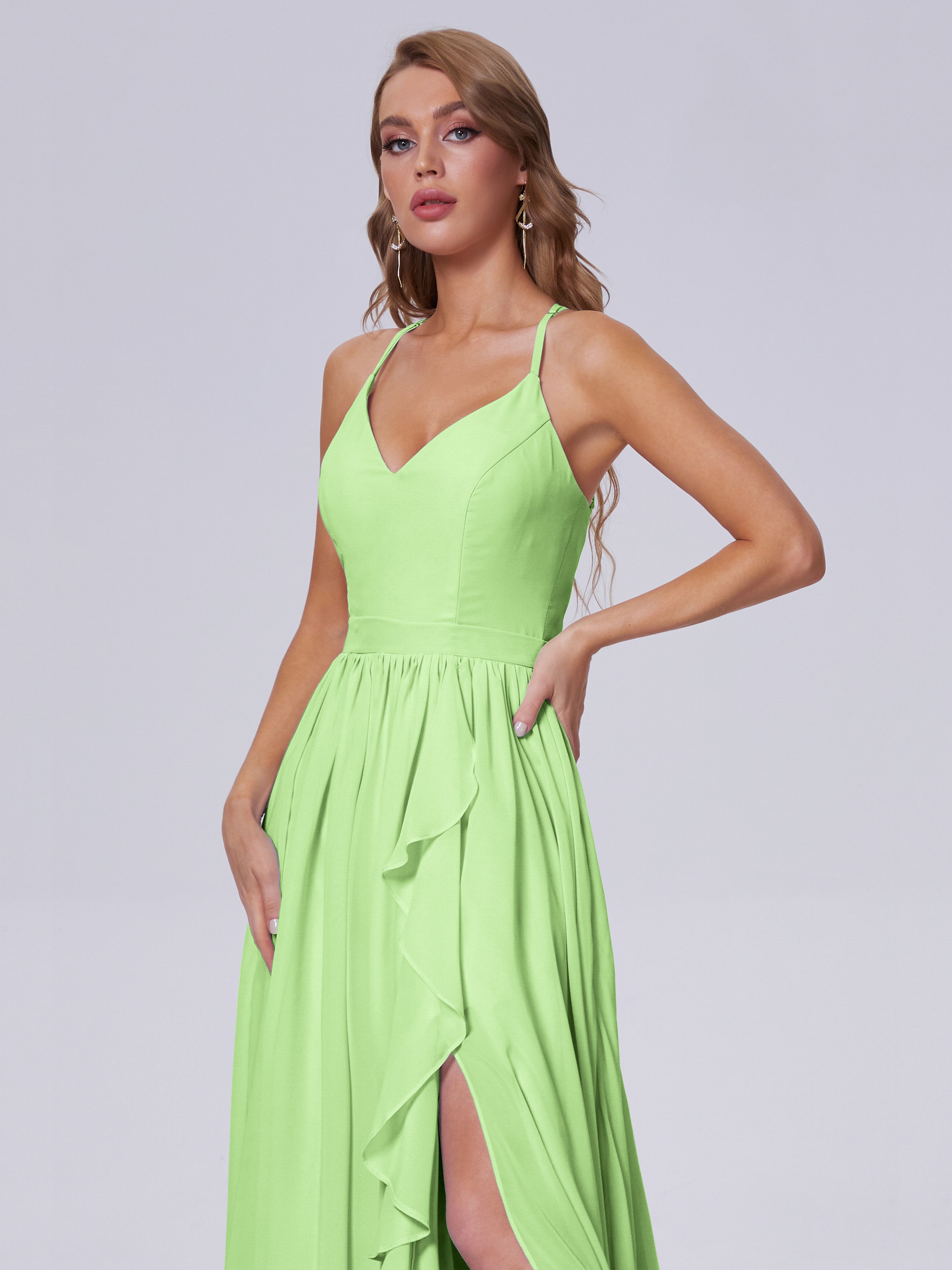 Robe Vert Sauge Demoiselle D Honneur Asymétrique Mousseline Robes Demoiselle D'Honneur
