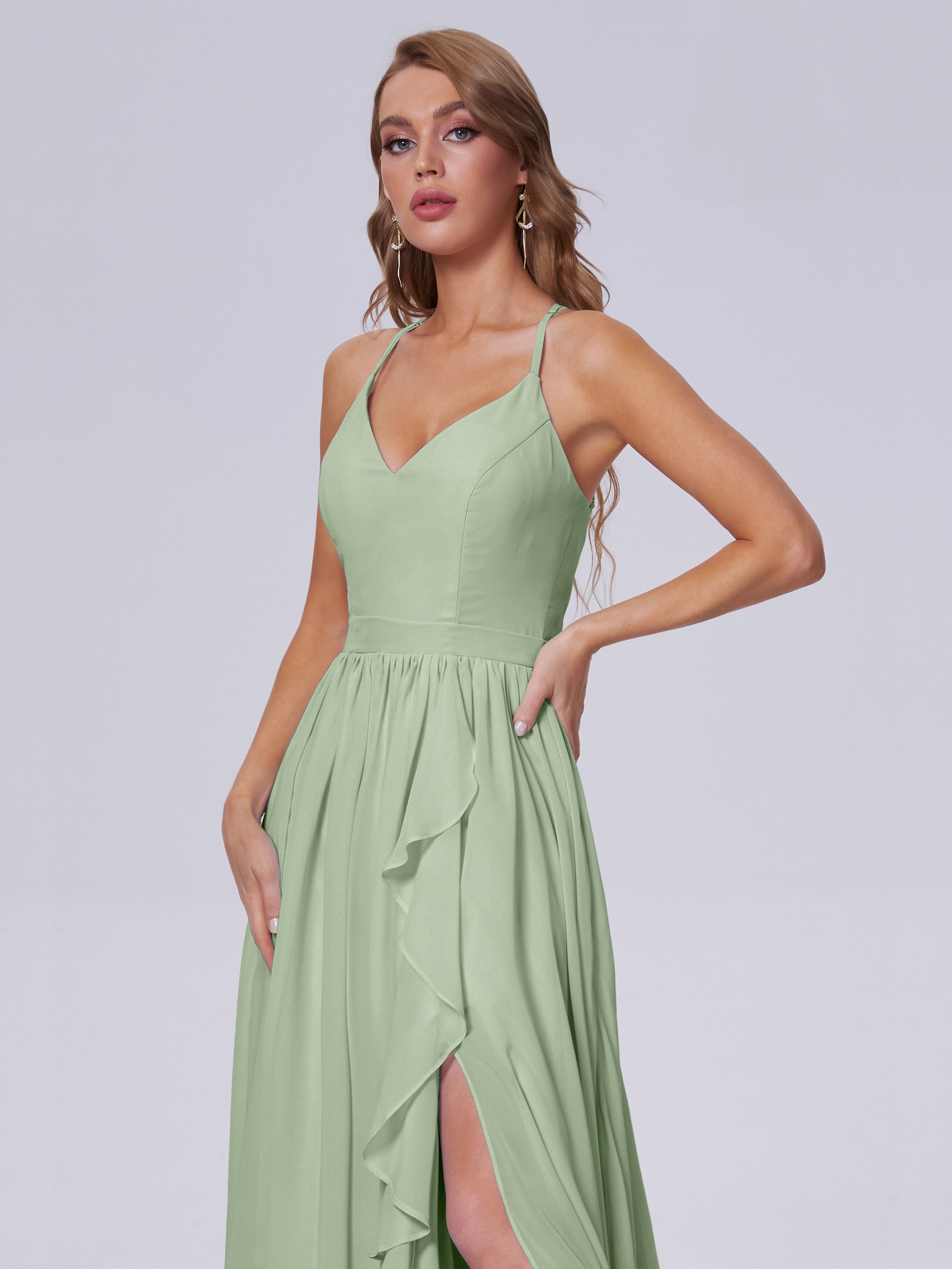 Demoiselles D'Honneur De Sauge Poussiéreuse Asymétrique Mousseline Robes Demoiselle D'Honneur