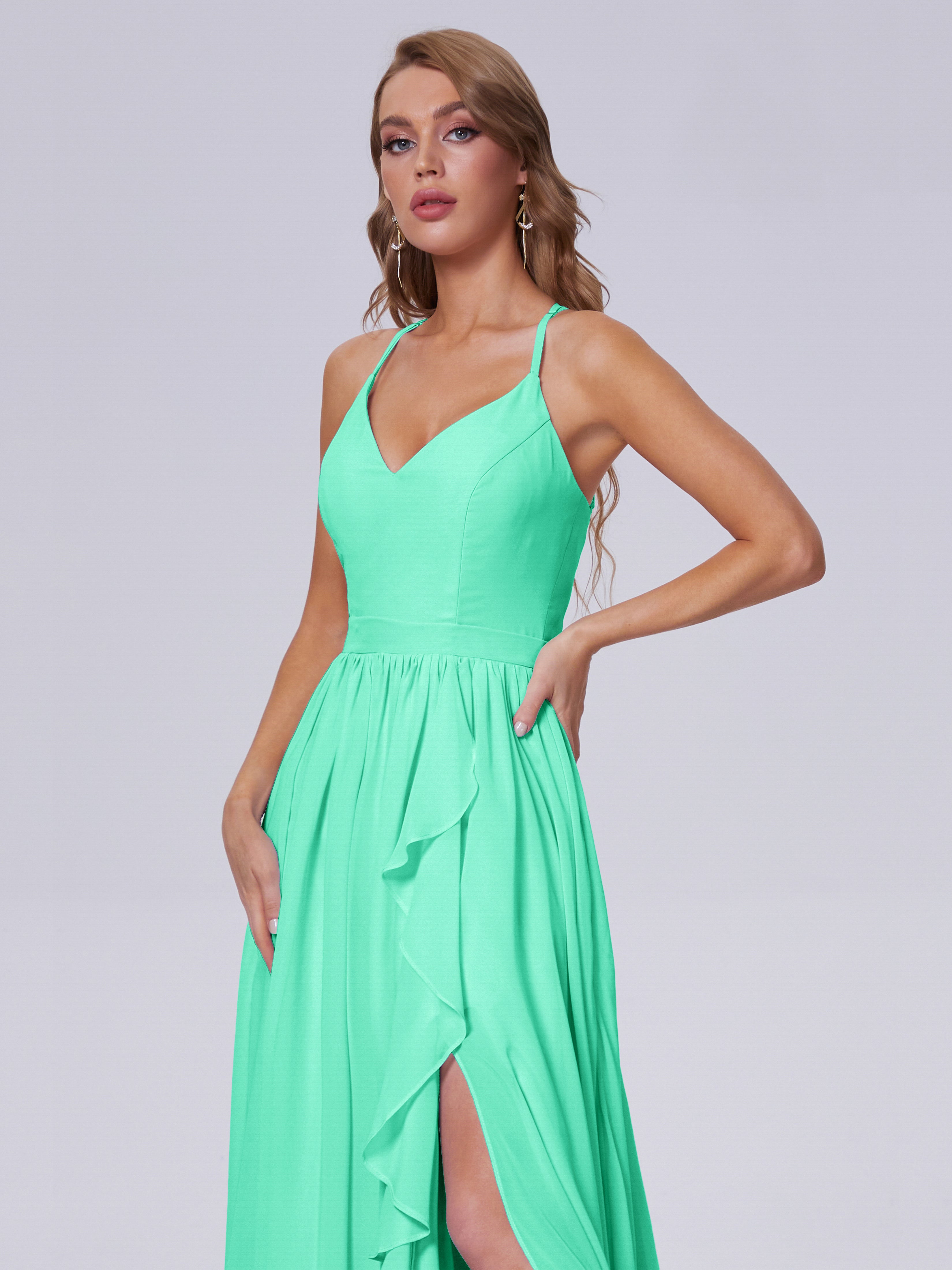 Robe De Demoiselle D Honneur Turquoise Asymétrique Mousseline Robes Demoiselle D'Honneur