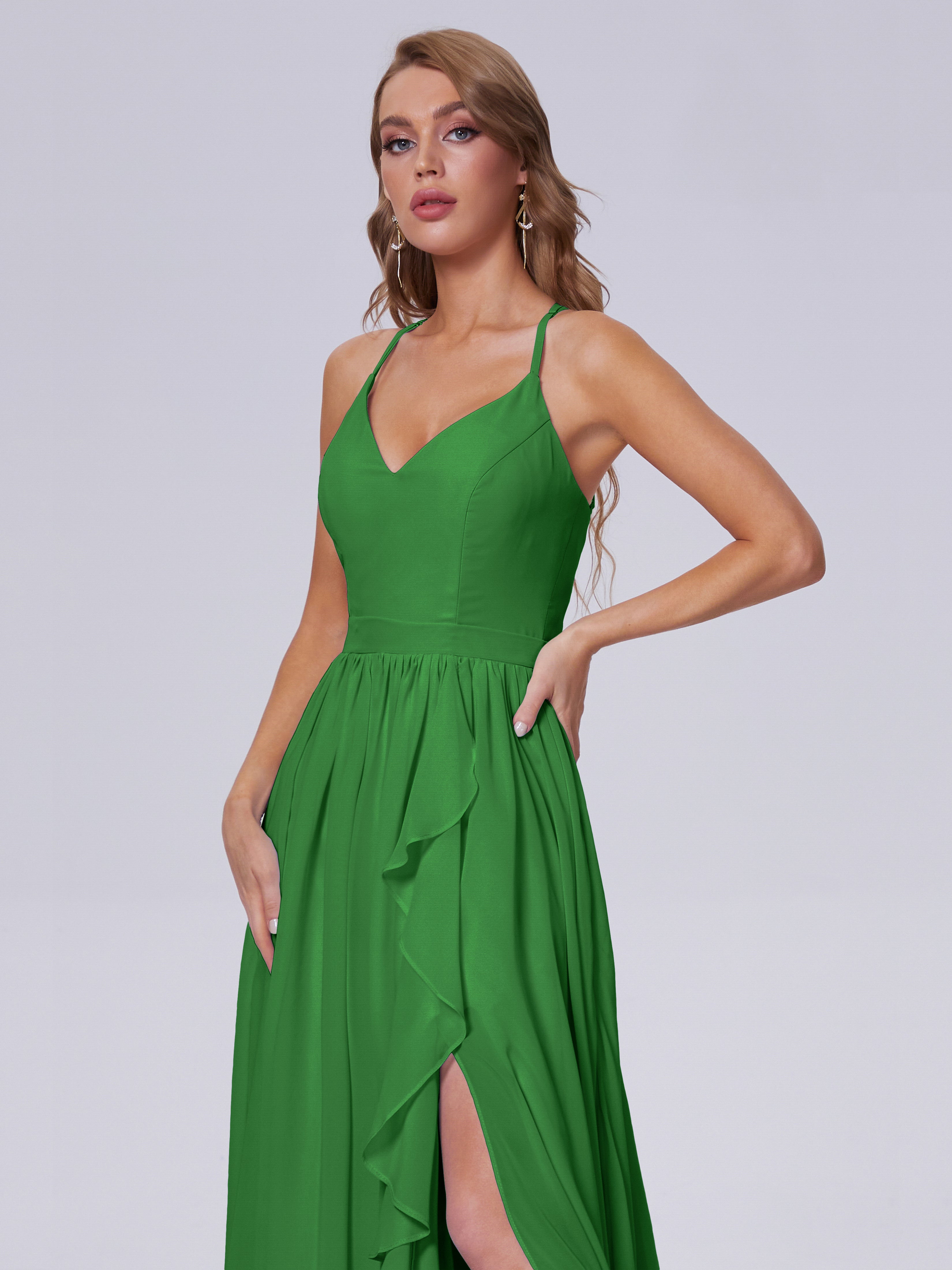 Robes De Demoiselle D'Honneur Vert Pin Asymétrique Mousseline Robes Demoiselle D'Honneur