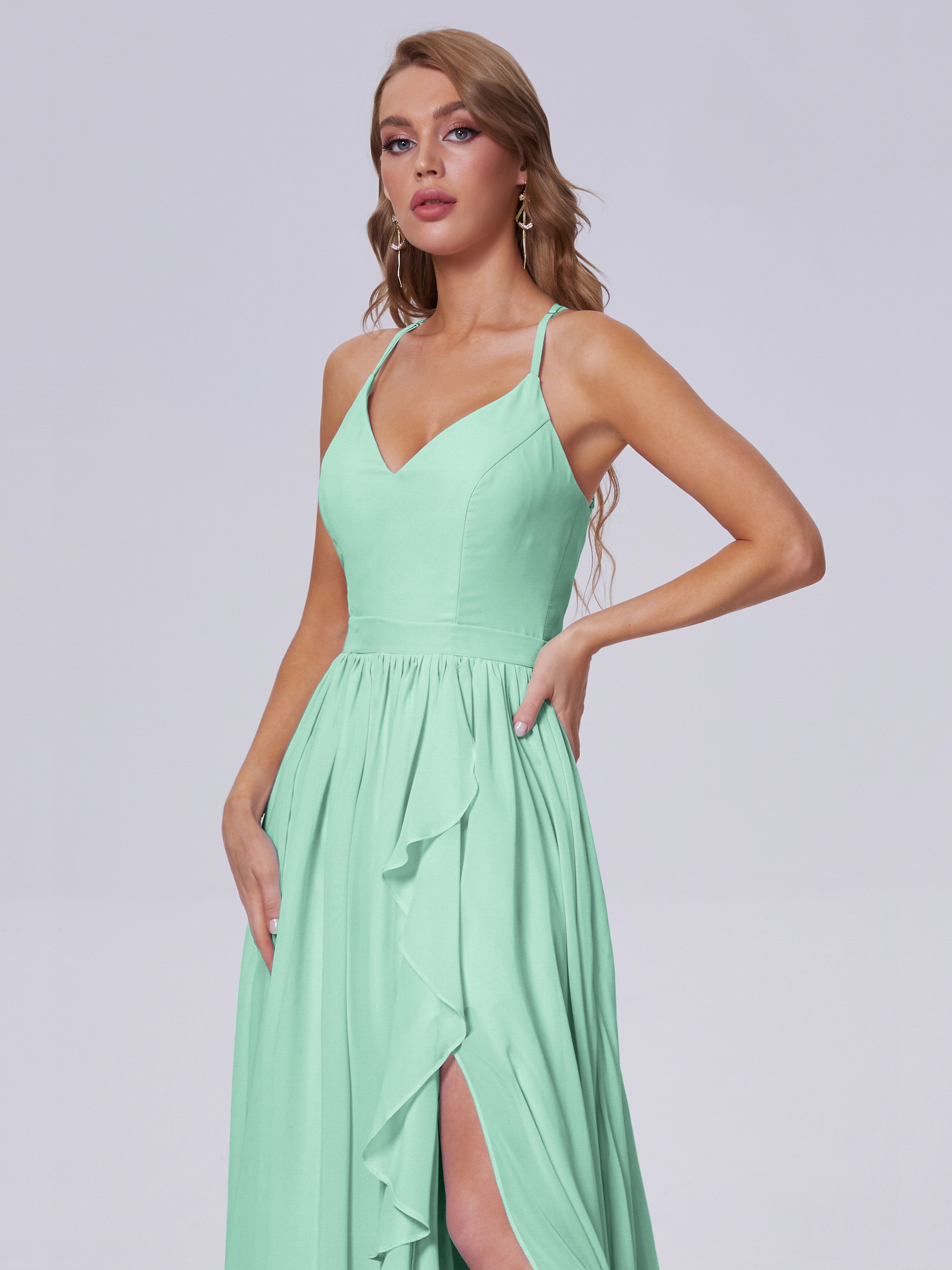 Robe Vert Menthe Demoiselle D Honneur Asymétrique Mousseline Robes Demoiselle D'Honneur