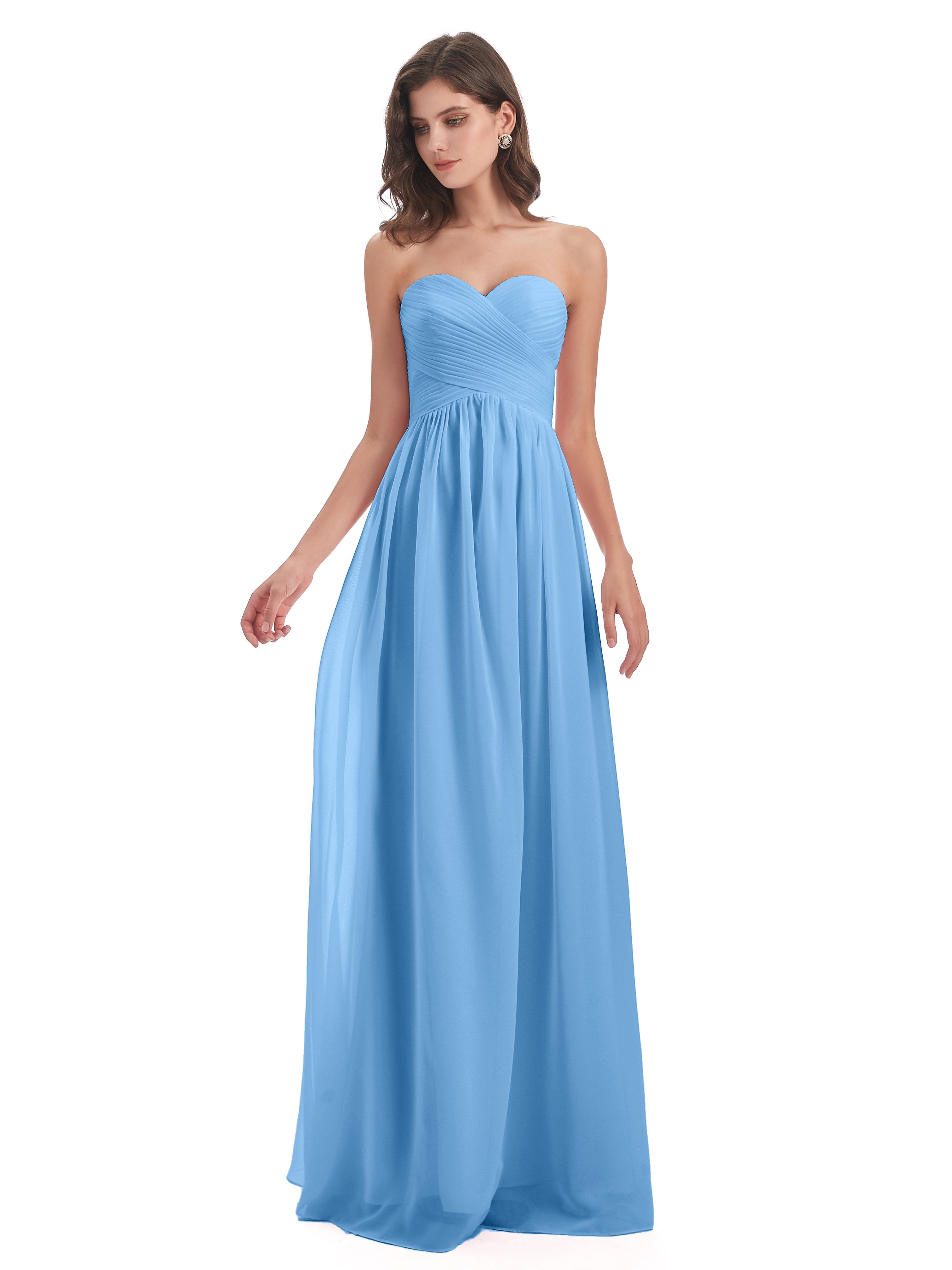 Robes De Demoiselle D'Honneur Bleu Clair Col Coeur Sans Manche Mousseline Robes Demoiselle D'Honneur