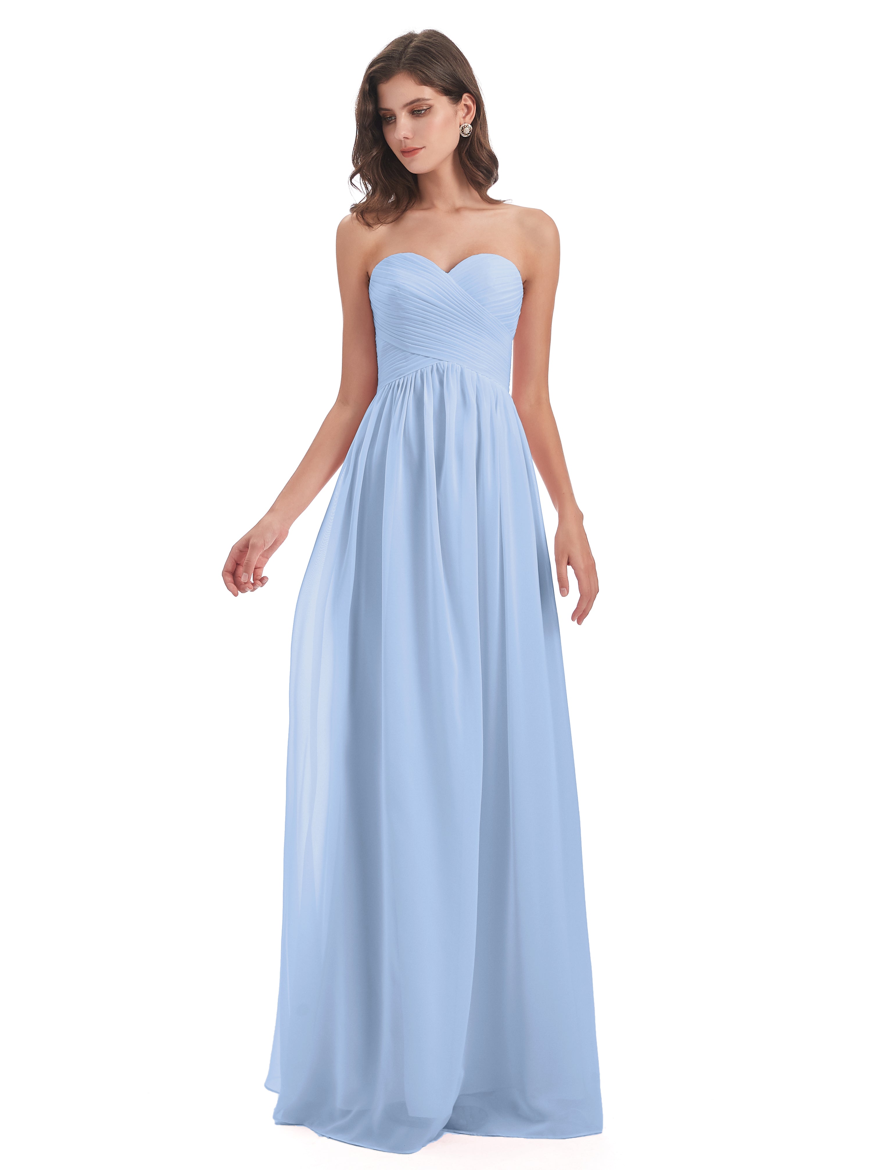Robe Bleu Ciel Demoiselle D Honneur Col Coeur Sans Manche Mousseline Robes Demoiselle D'Honneur