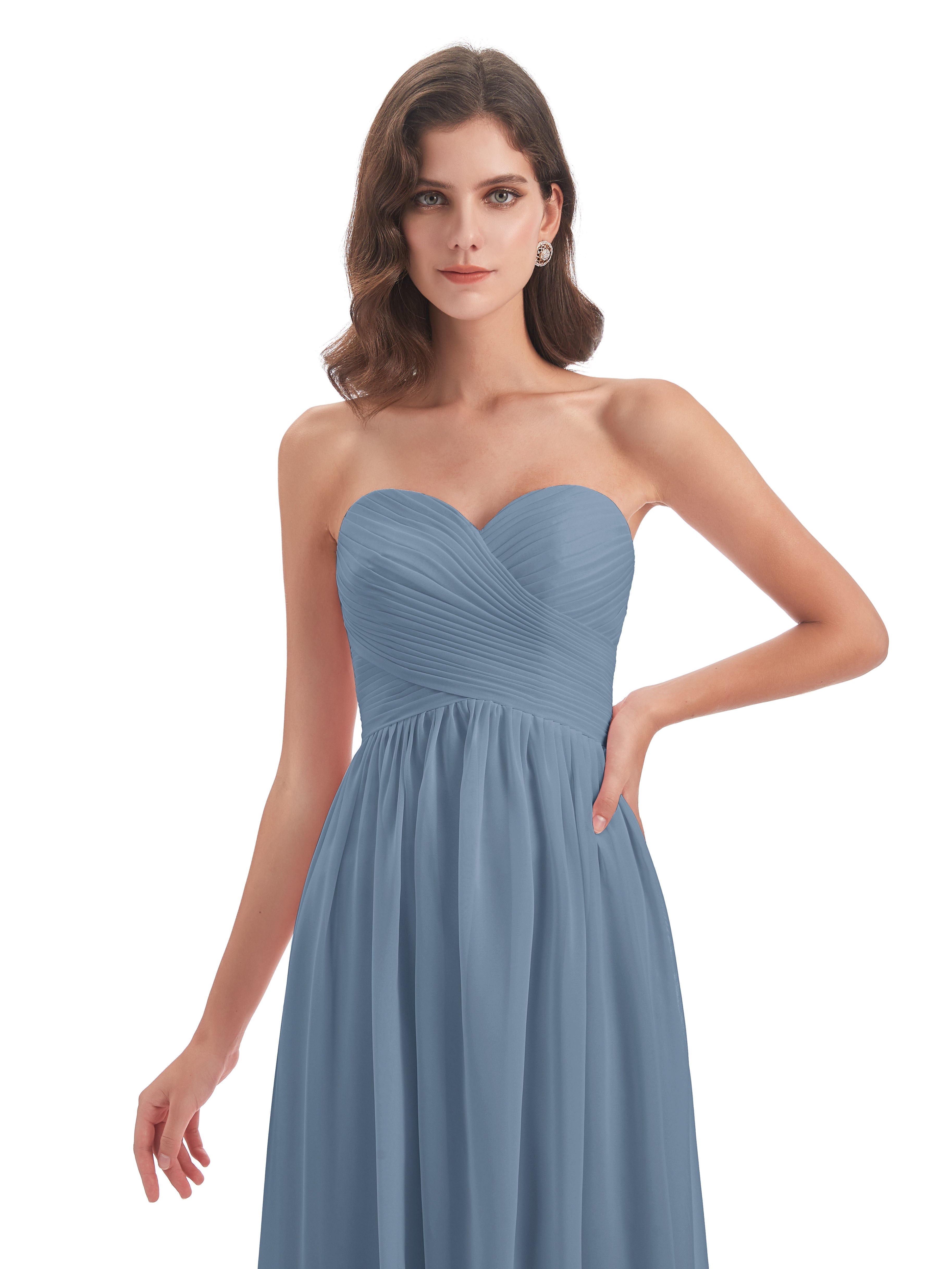 Robes De Demoiselle D'Honneur Bleu De Schiste Col Coeur Sans Manche Mousseline Robes Demoiselle D'Honneur