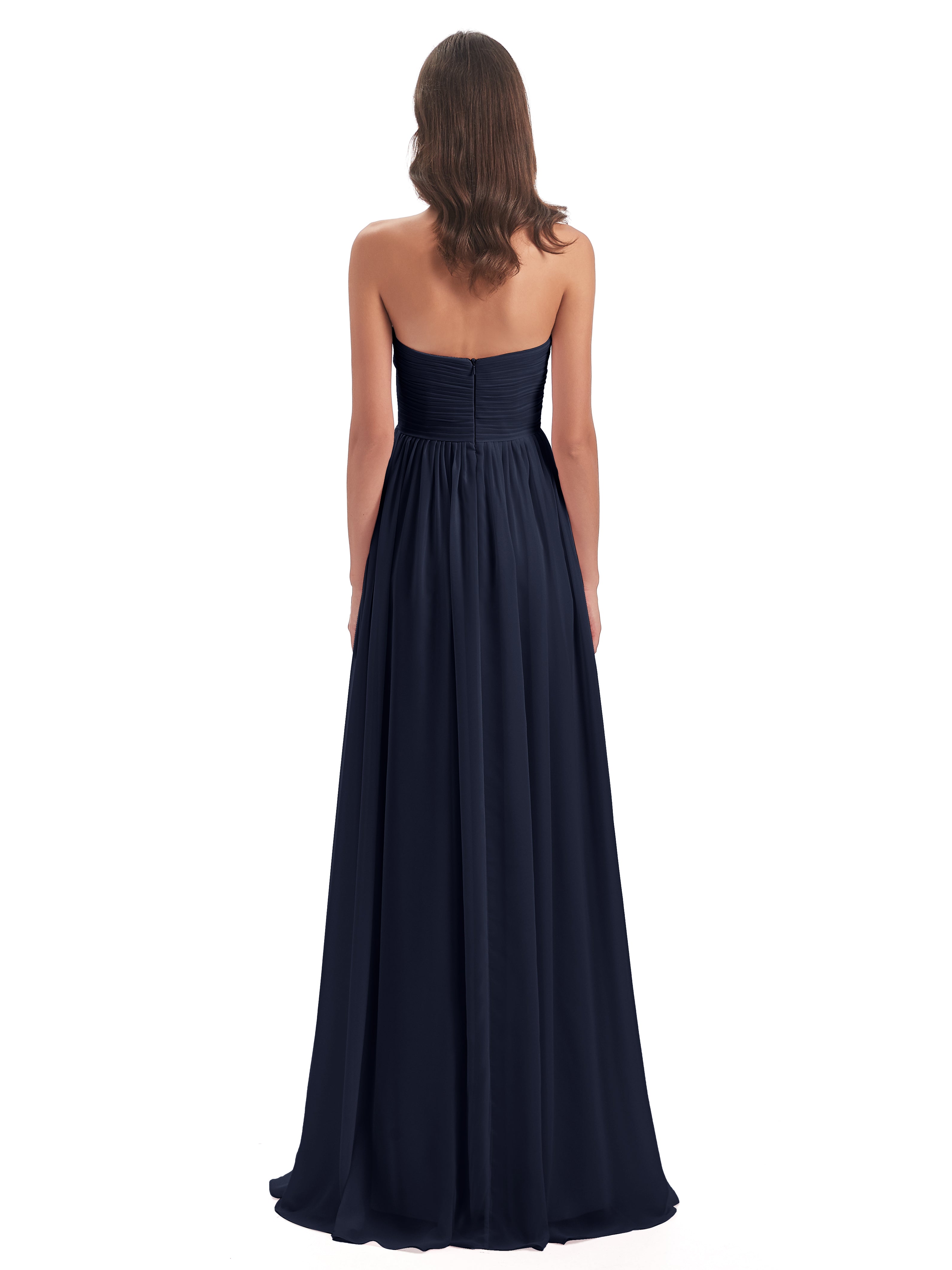 Robes De Demoiselle D'Honneur Bleu Marine Modestes Col Coeur Sans Manche Mousseline Robes Demoiselle D'Honneur