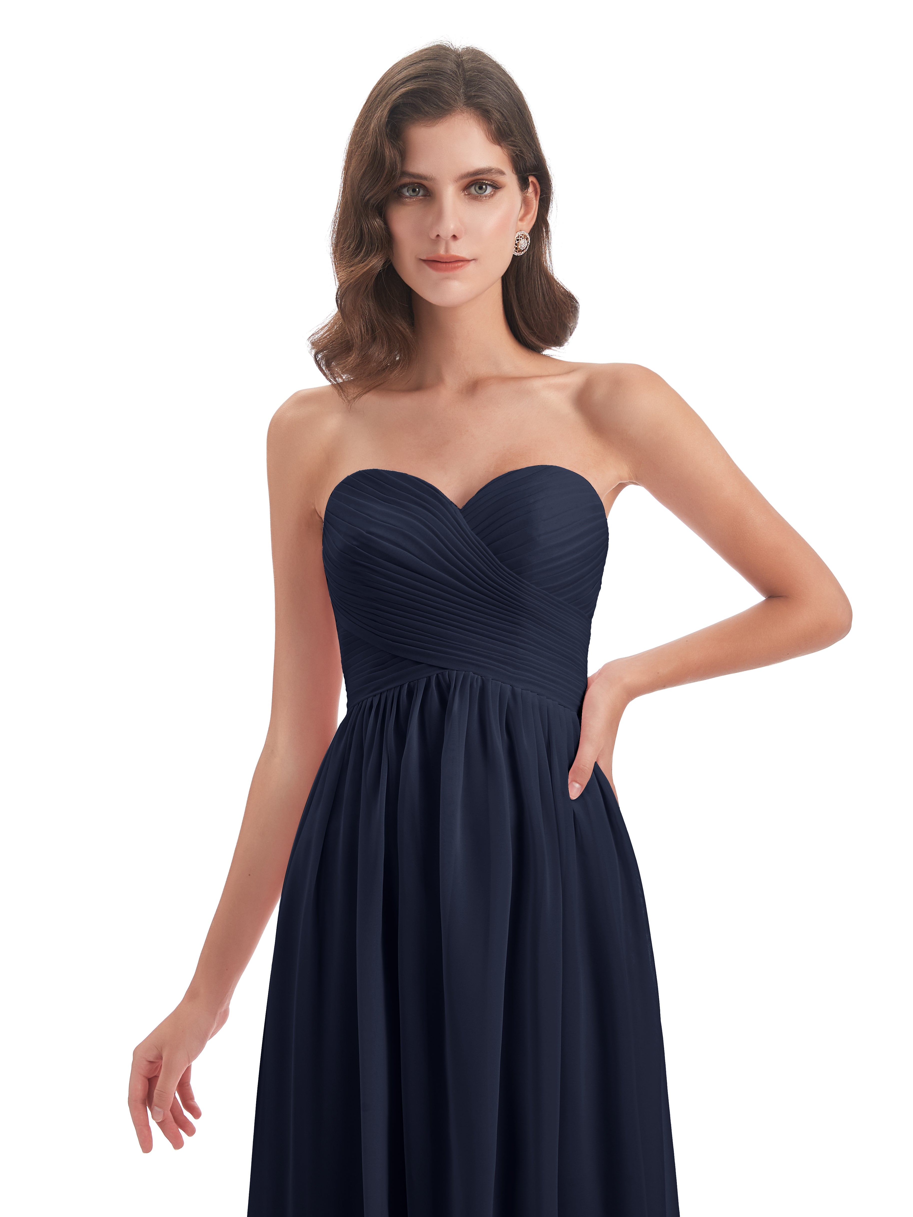 Robes De Demoiselle D'Honneur Bleu Marine Modestes Col Coeur Sans Manche Mousseline Robes Demoiselle D'Honneur