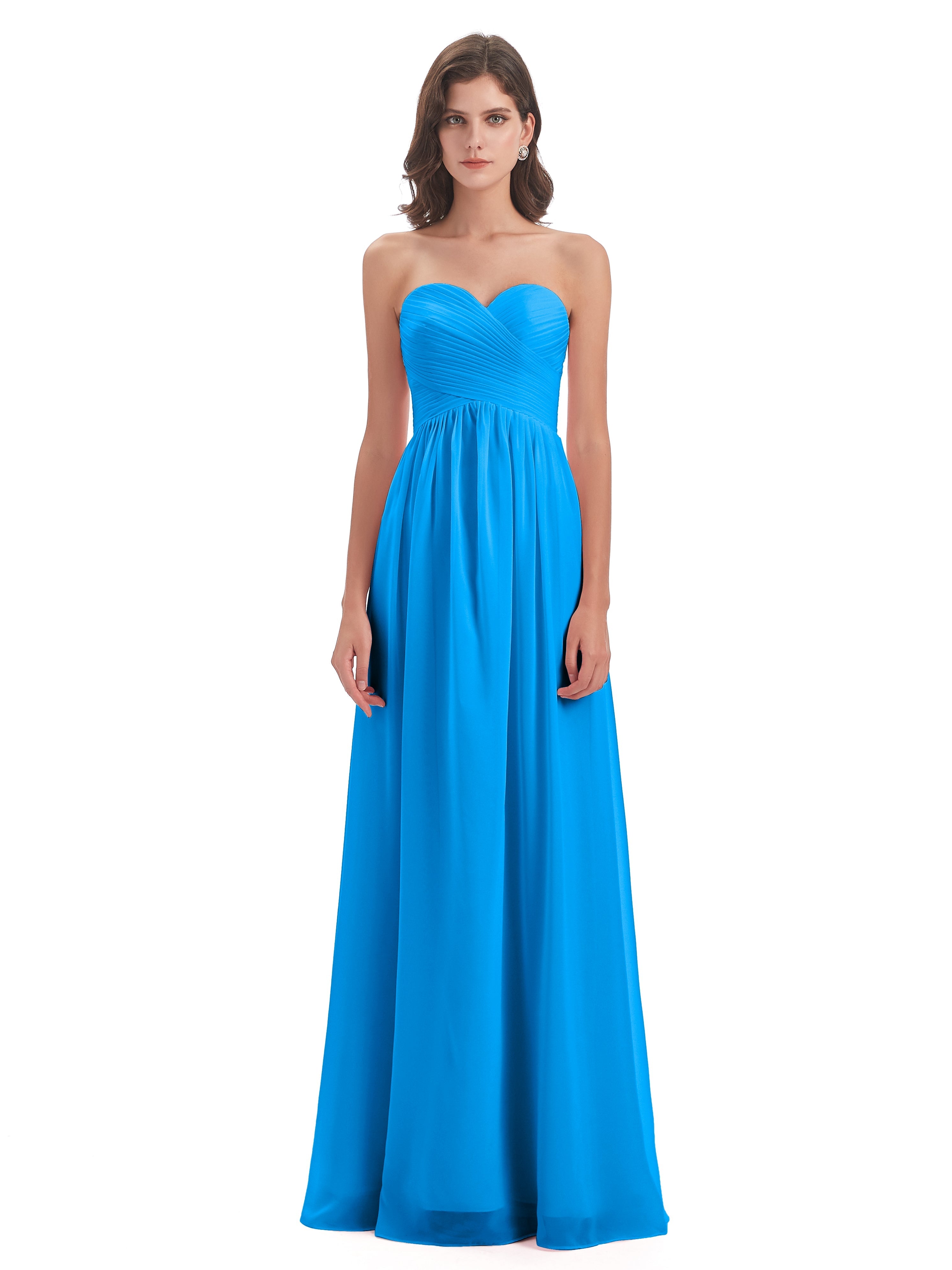 Robes De Demoiselle D'Honneur Bleu Océan Col Coeur Sans Manche Mousseline Robes Demoiselle D'Honneur