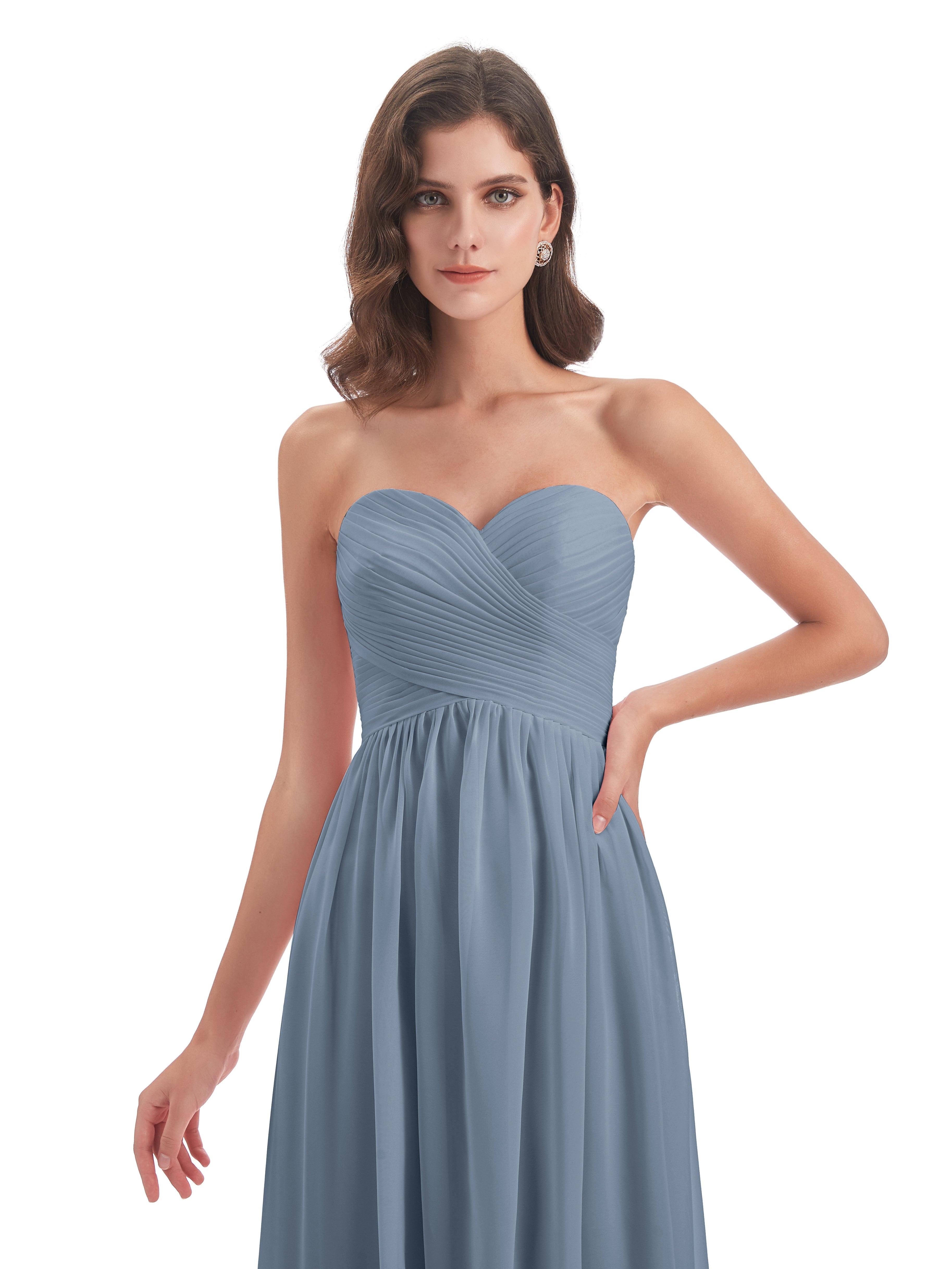 Robes De Demoiselle D'Honneur Bleu Poussiéreux Col Coeur Sans Manche Mousseline Robes Demoiselle D'Honneur