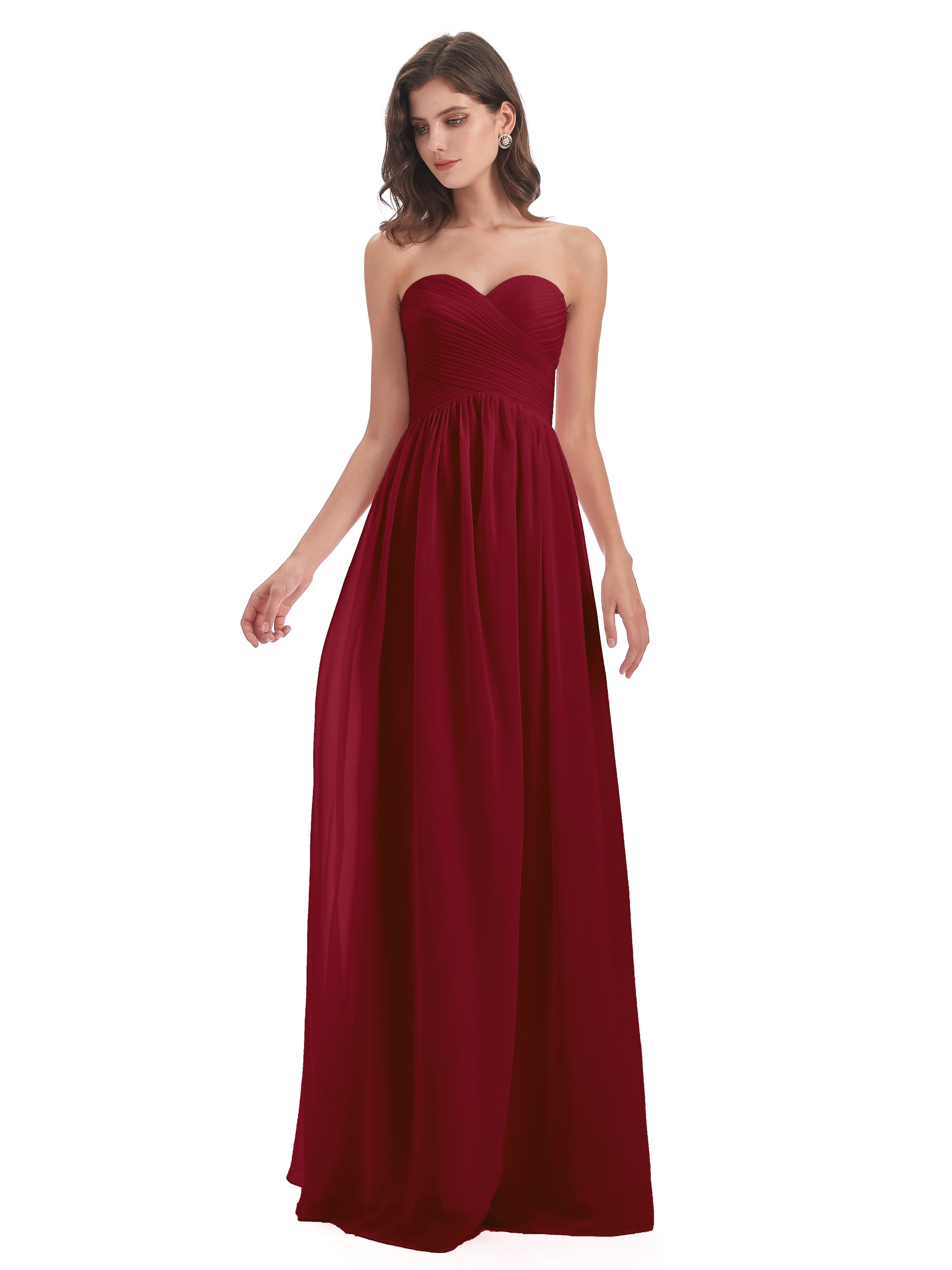 Robe Longue Bordeaux Demoiselle D Honneur Col Coeur Sans Manche Mousseline Robes Demoiselle D'Honneur