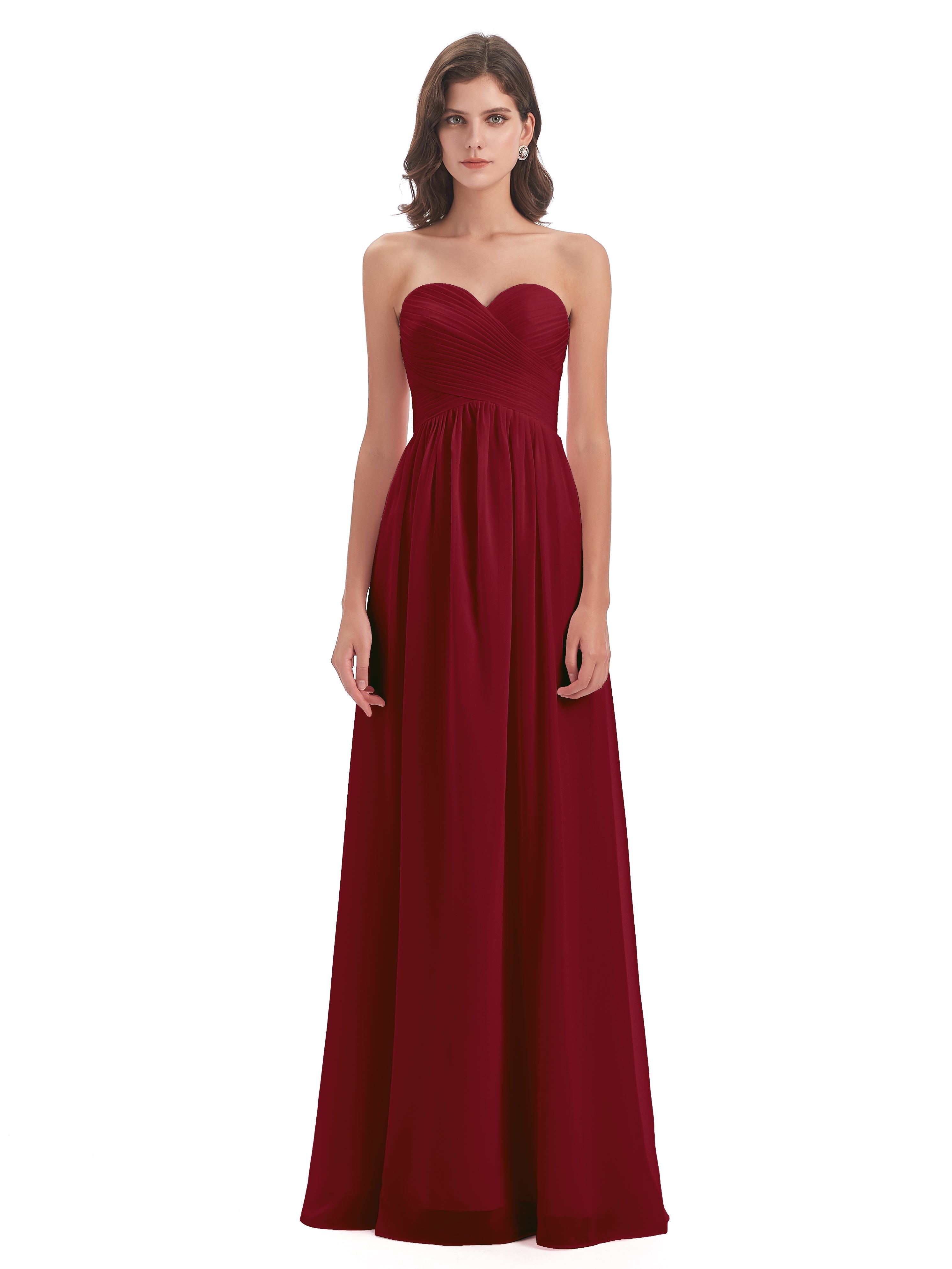 Robe Longue Bordeaux Demoiselle D Honneur Col Coeur Sans Manche Mousseline Robes Demoiselle D'Honneur
