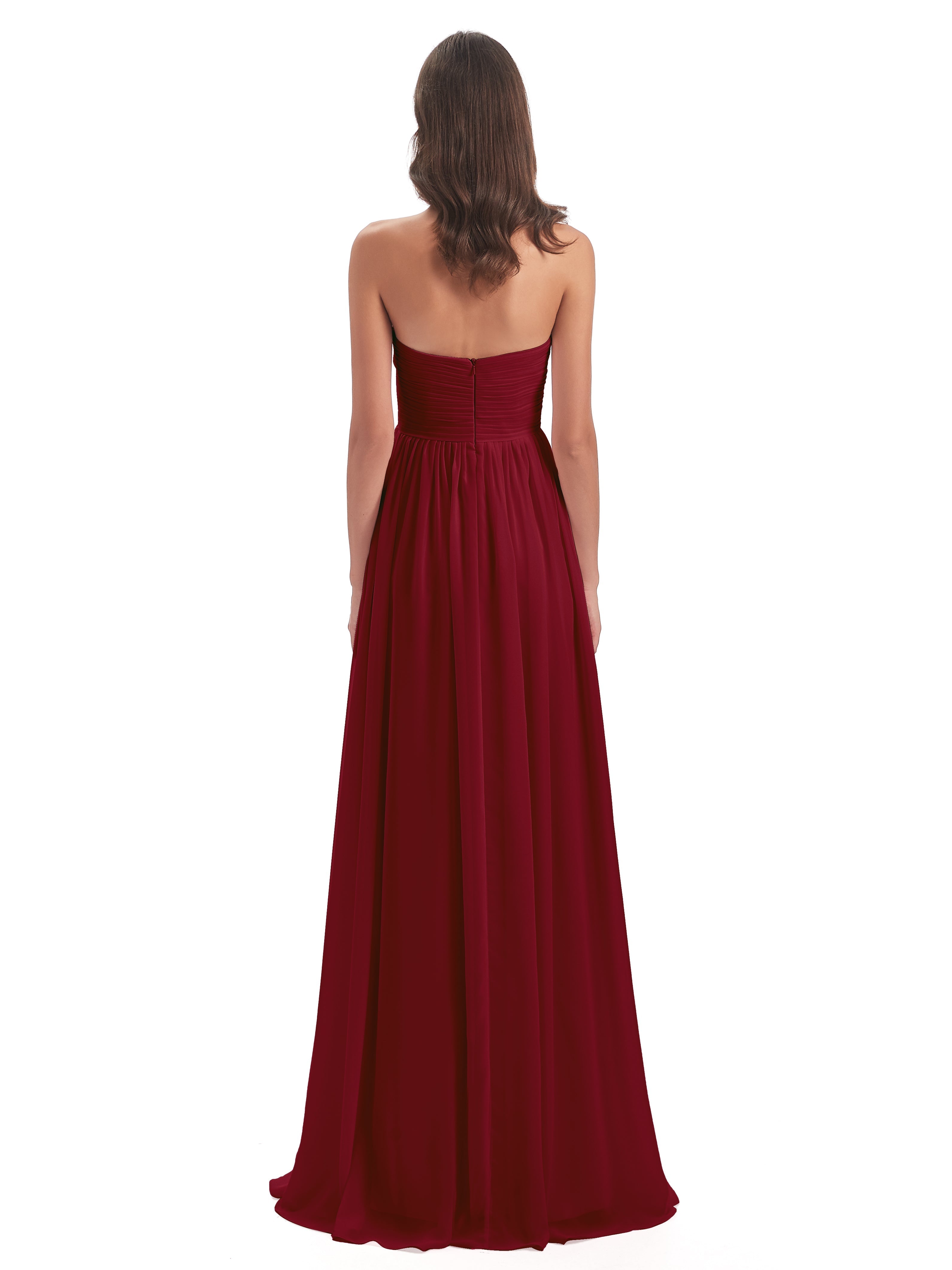 Robe Longue Bordeaux Demoiselle D Honneur Col Coeur Sans Manche Mousseline Robes Demoiselle D'Honneur
