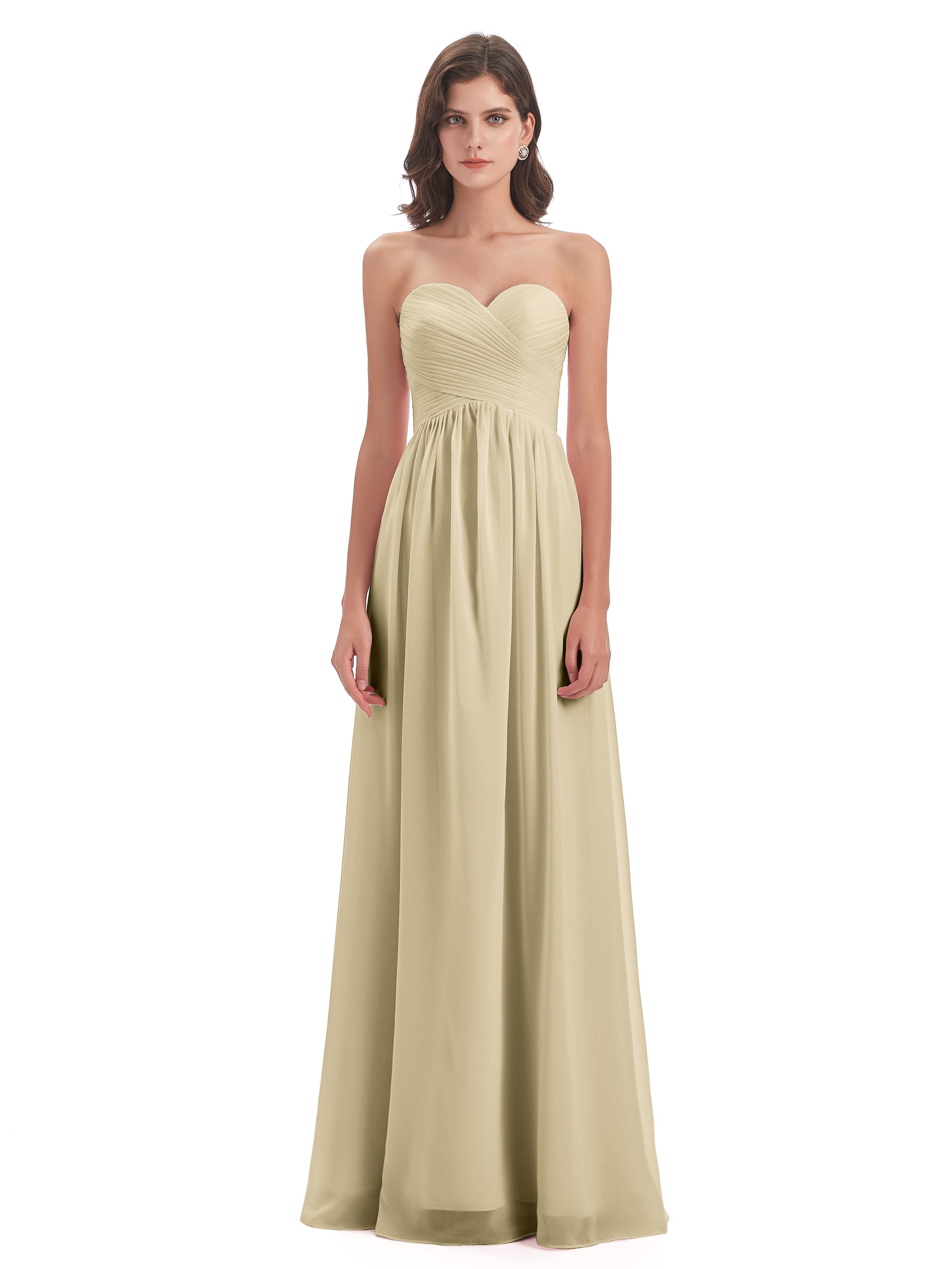 Long Robe Champagne Demoiselle D Honneur Col Coeur Sans Manche Mousseline Robes Demoiselle D'Honneur
