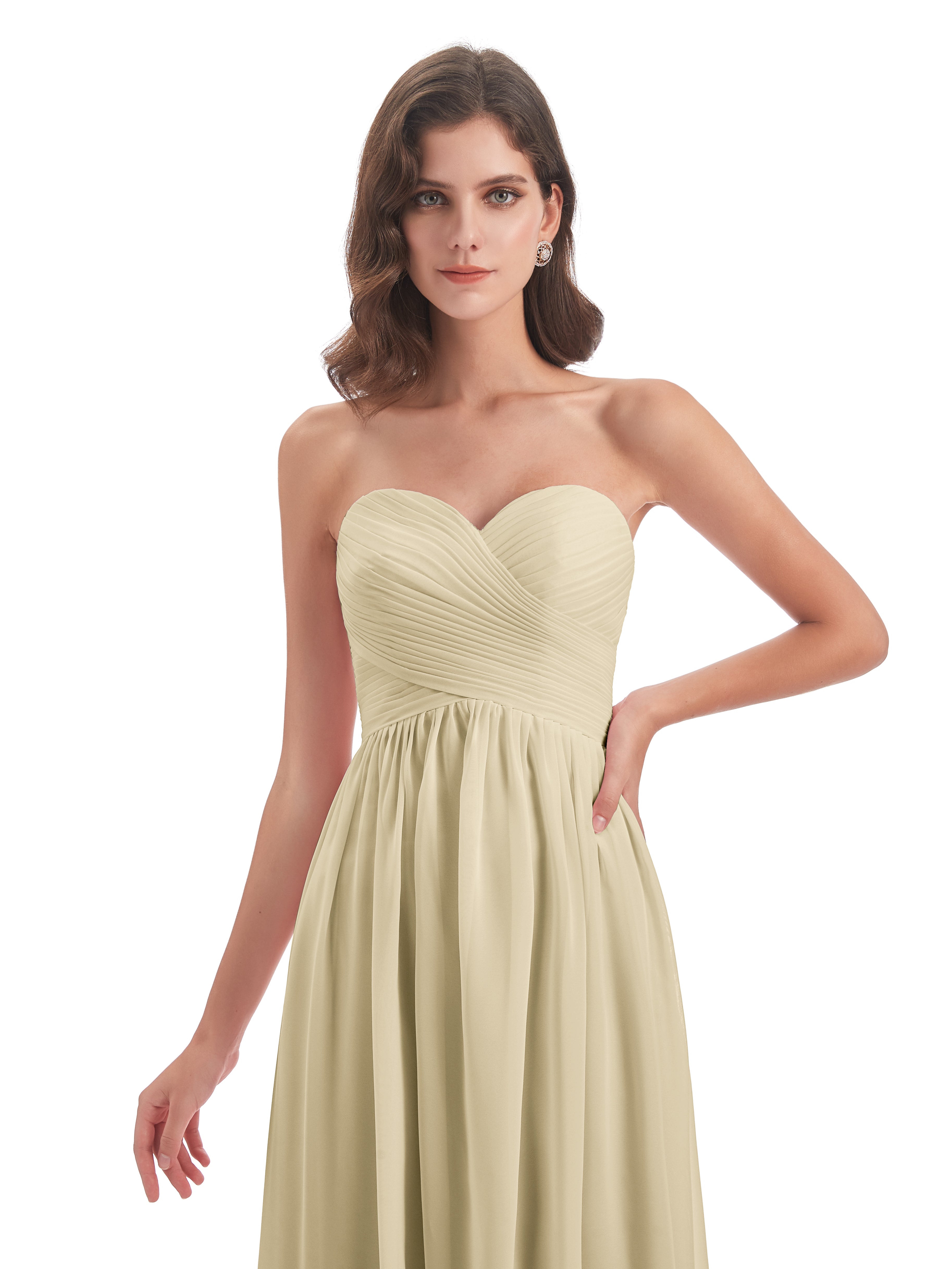 Long Robe Champagne Demoiselle D Honneur Col Coeur Sans Manche Mousseline Robes Demoiselle D'Honneur