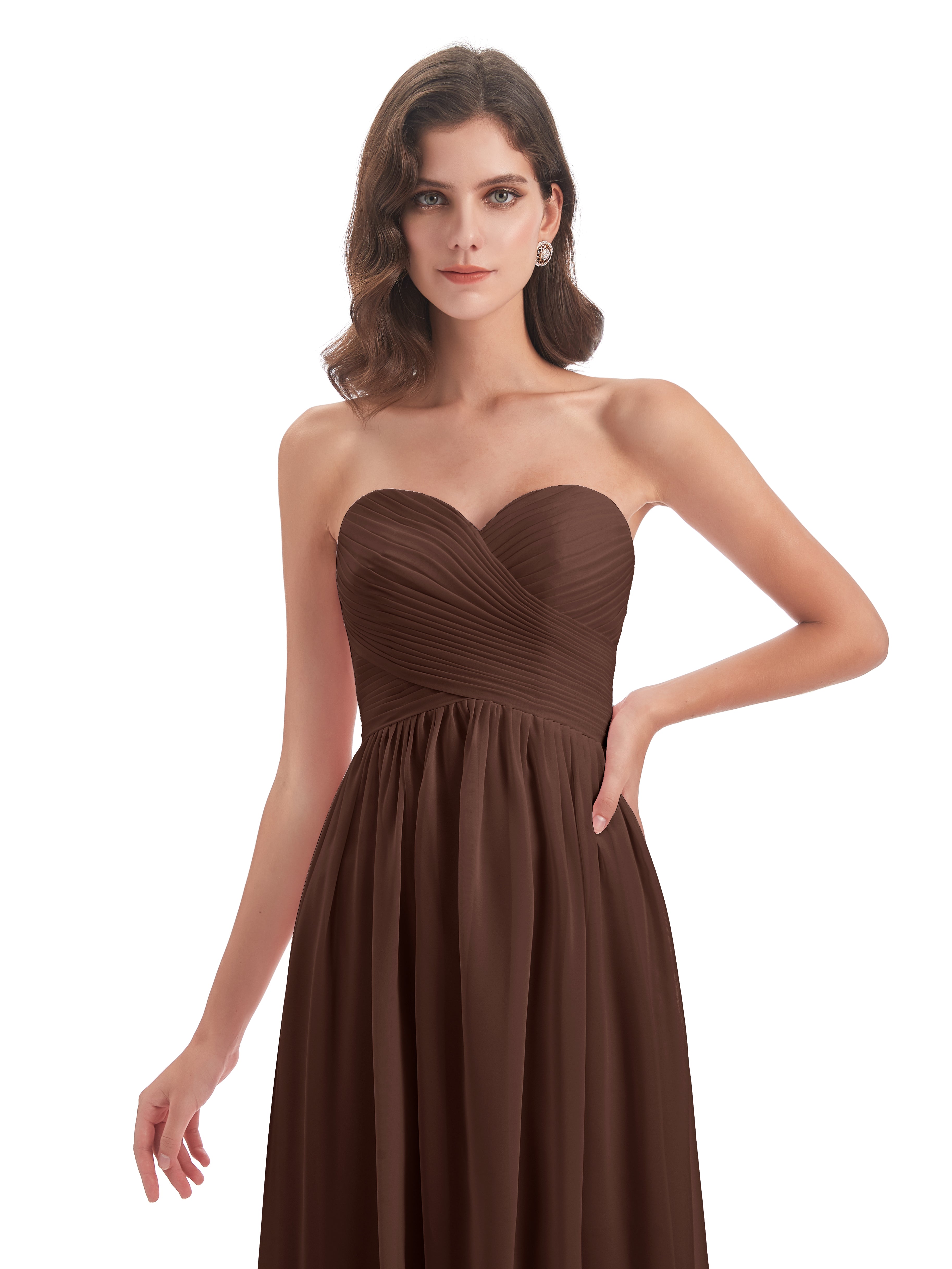 Robe Marron Chocolat Demoiselle D Honneur Col Coeur Sans Manche Mousseline Robes Demoiselle D'Honneur