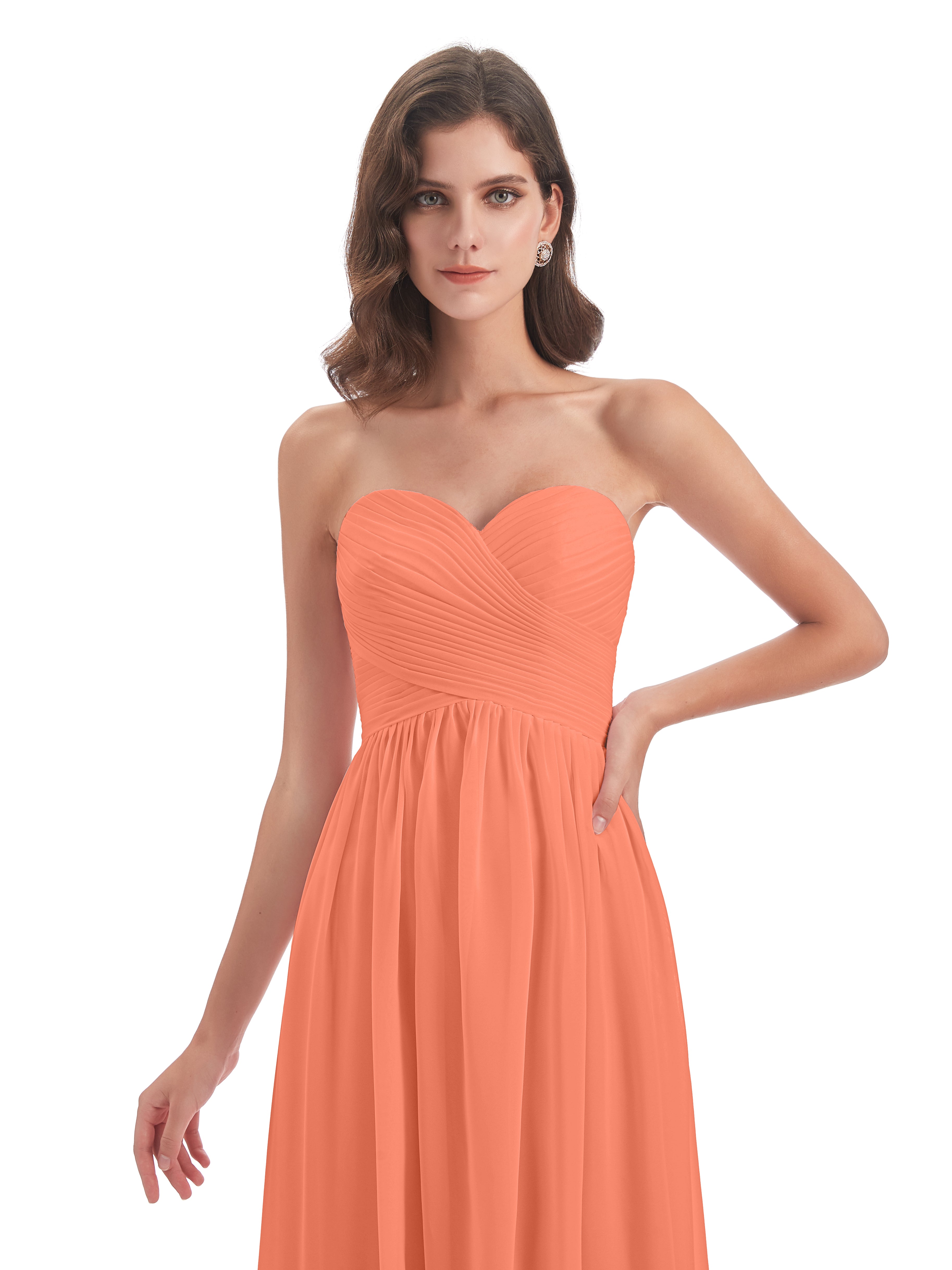 Robes De Demoiselle D'Honneur Coucher De Soleil Col Coeur Sans Manche Mousseline Robes Demoiselle D'Honneur