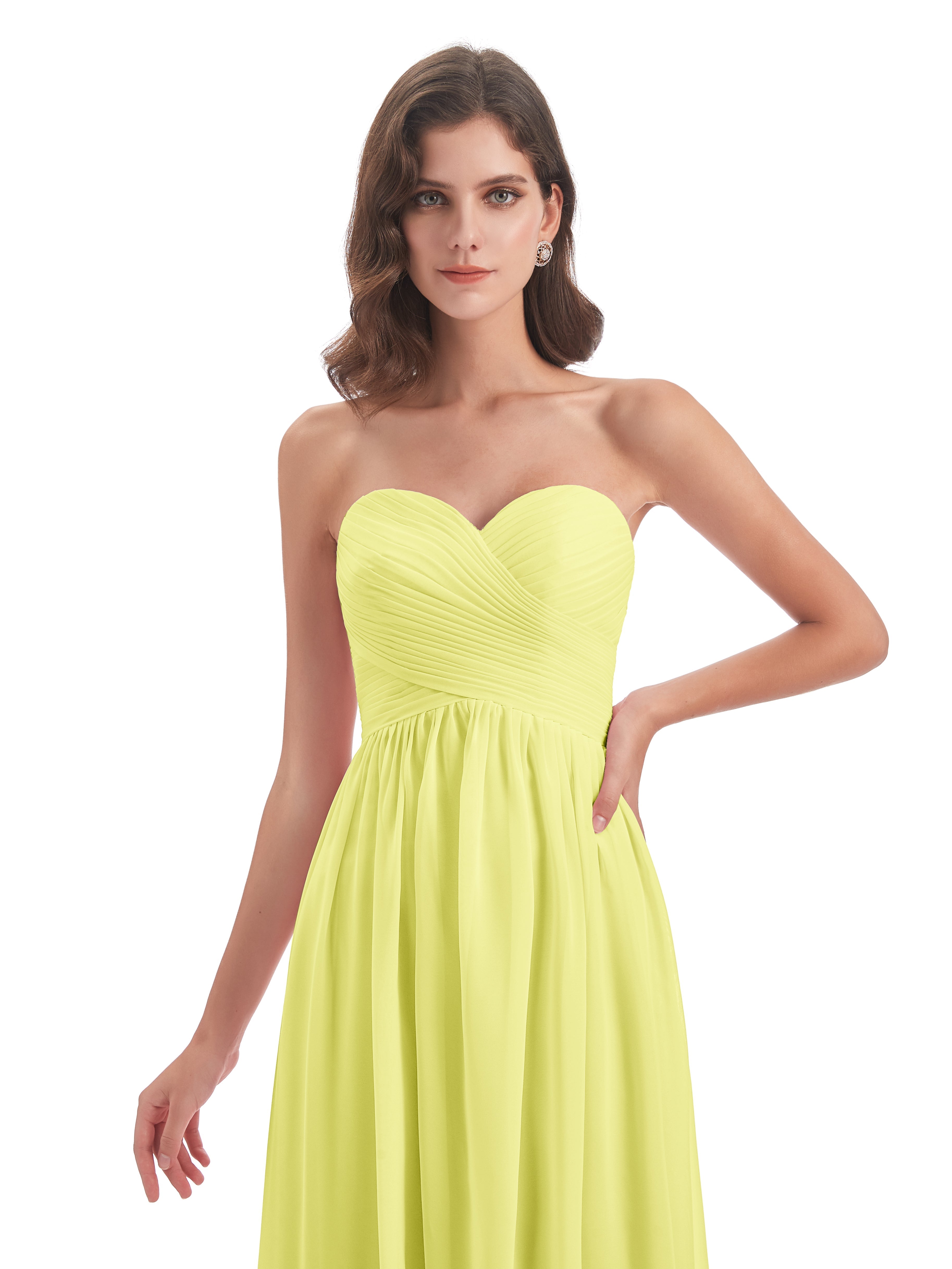 Robes De Demoiselle D'Honneur Jonquille Col Coeur Sans Manche Mousseline Robes Demoiselle D'Honneur