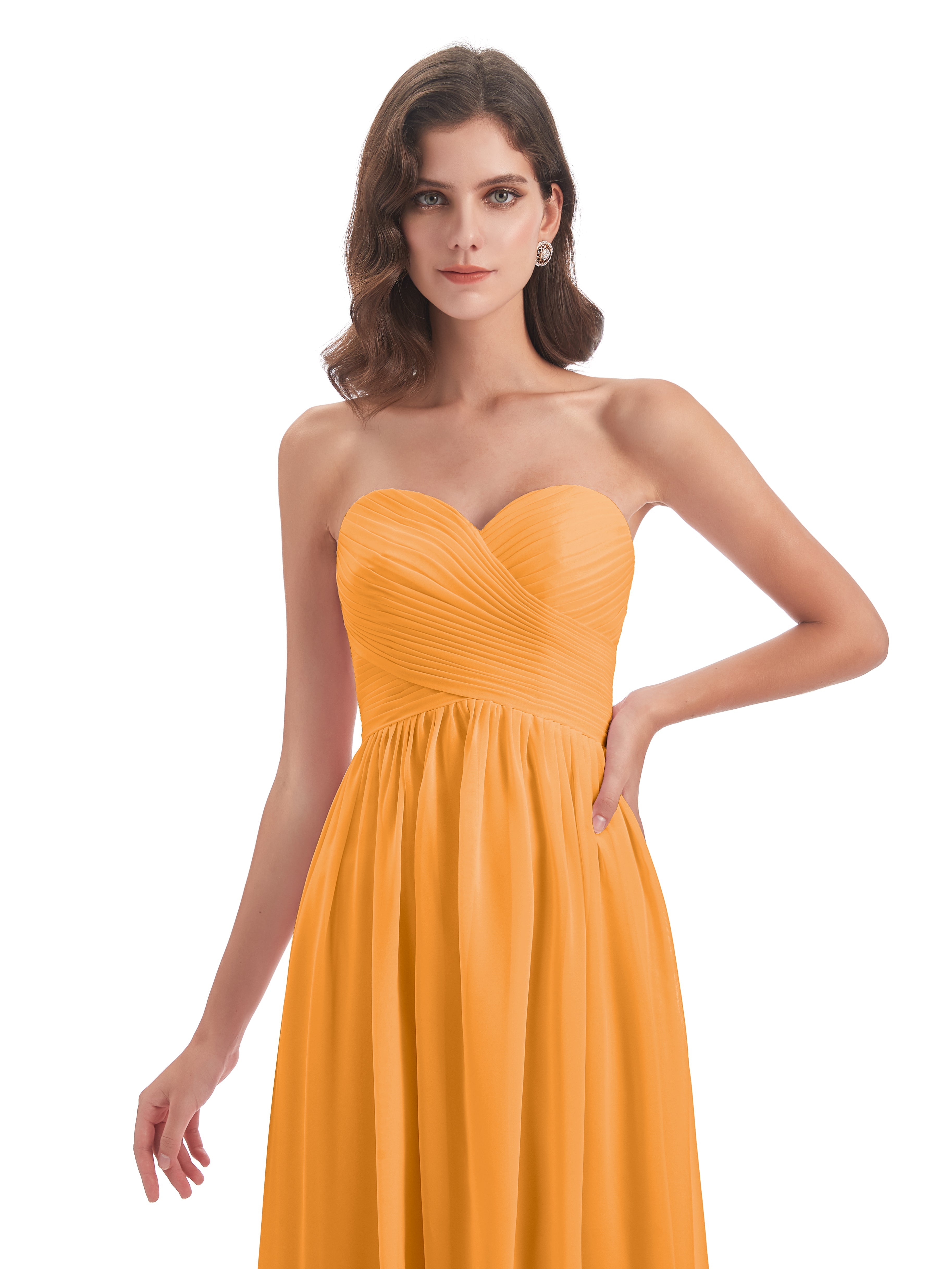 Robes De Demoiselle D'Honneur Mandarine Col Coeur Sans Manche Mousseline Robes Demoiselle D'Honneur