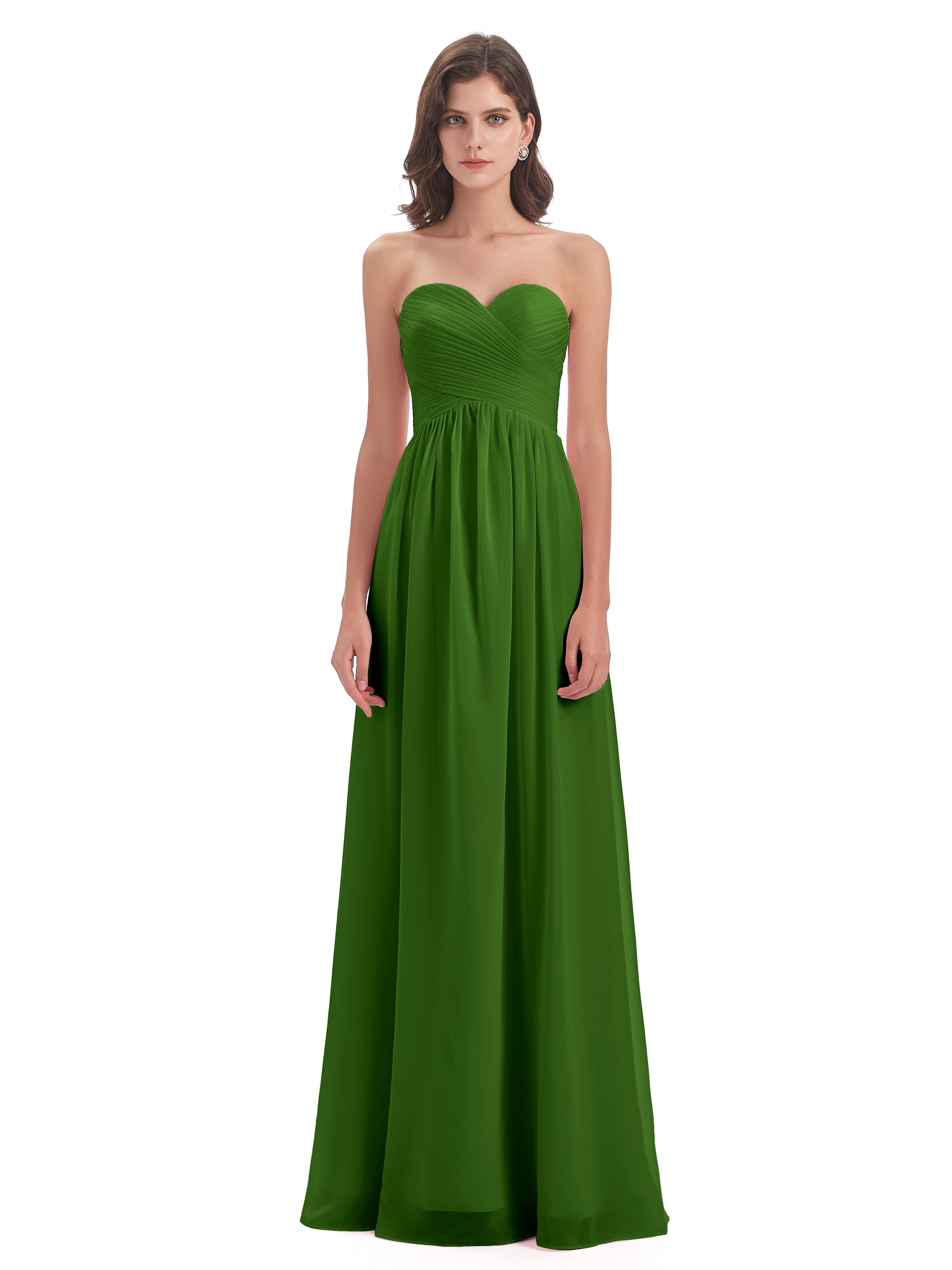 Robes De Demoiselle D'Honneur Vert Mousse Col Coeur Sans Manche Mousseline Robes Demoiselle D'Honneur