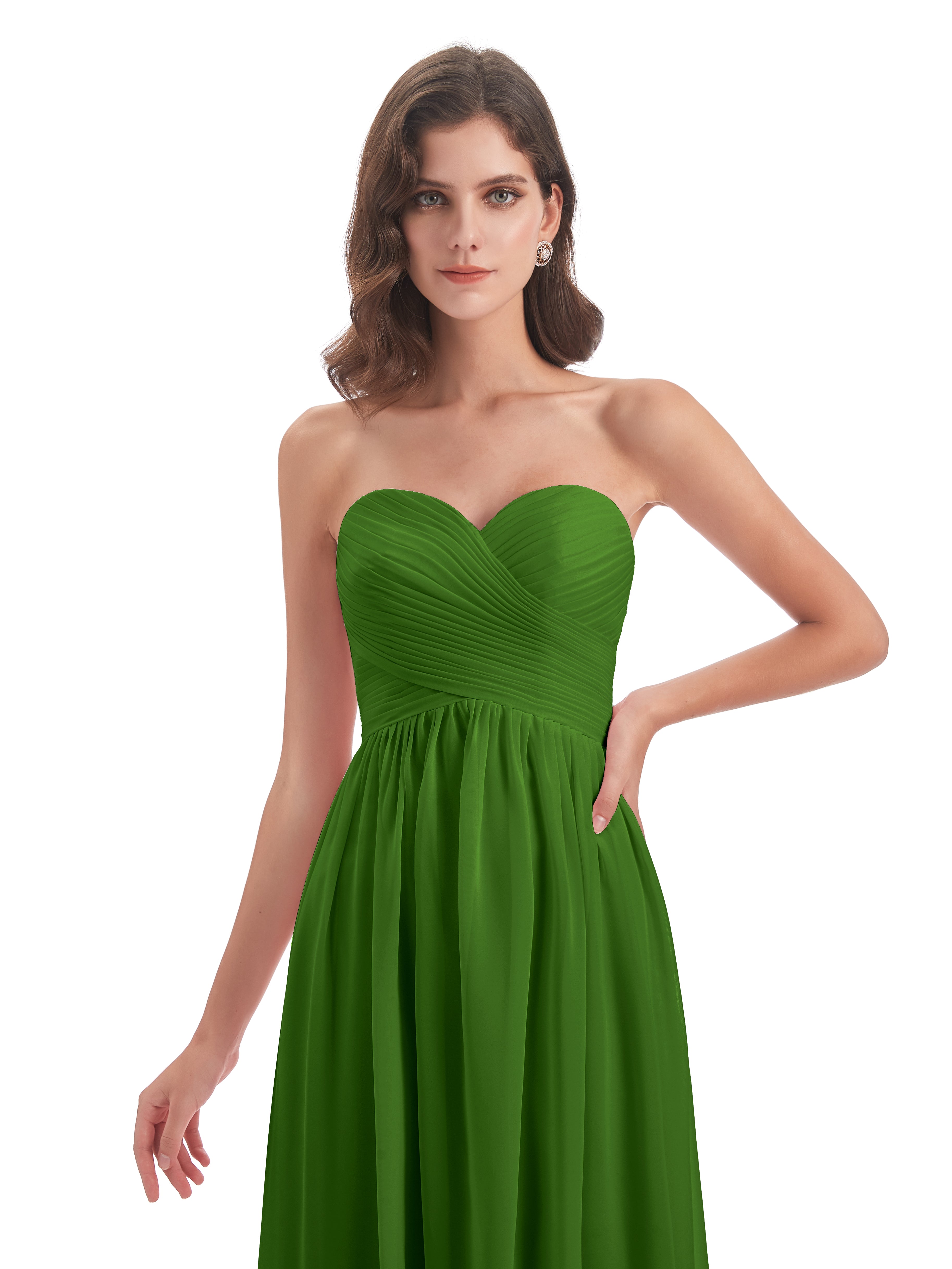 Robes De Demoiselle D'Honneur Vert Mousse Col Coeur Sans Manche Mousseline Robes Demoiselle D'Honneur