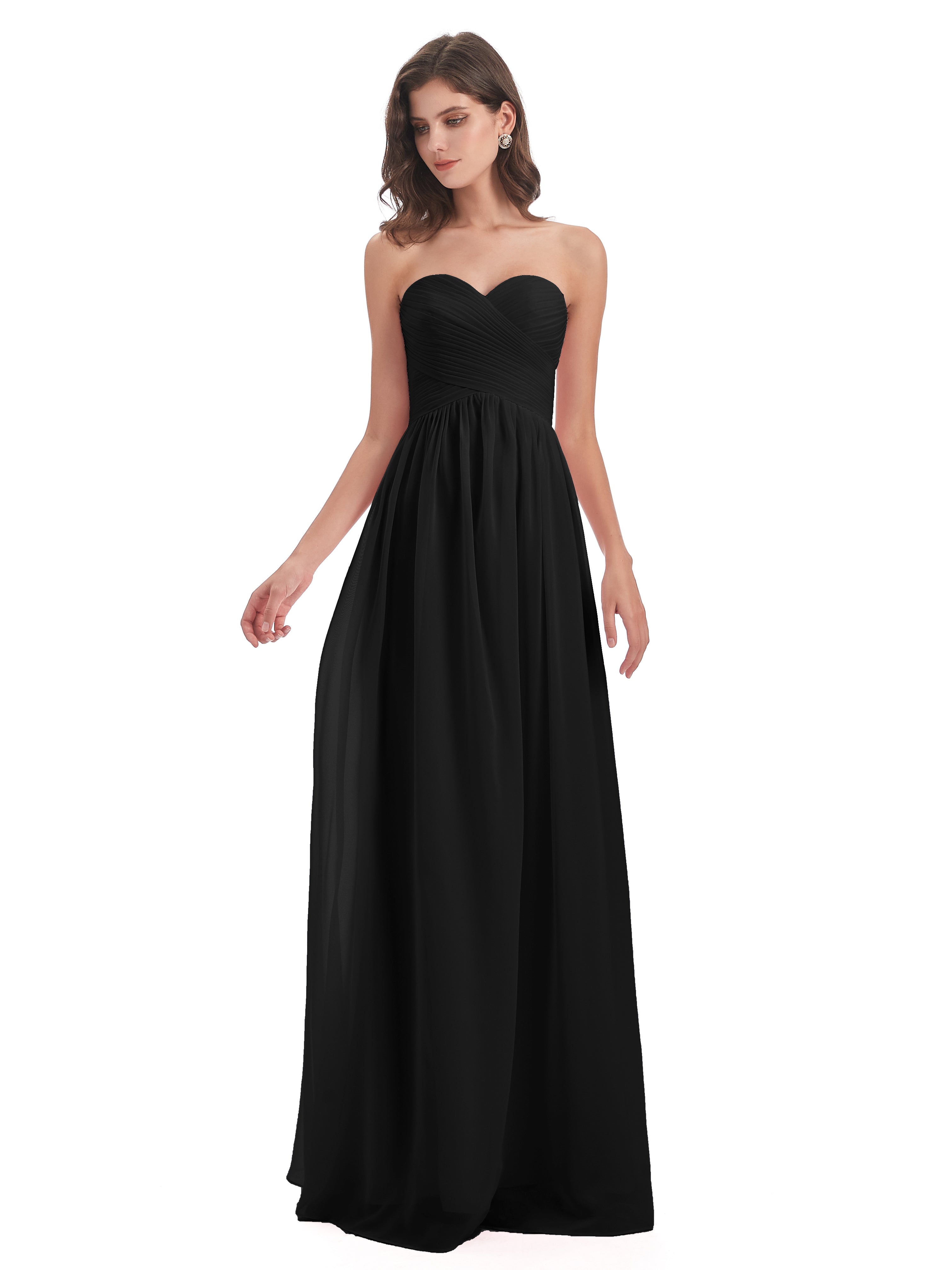 Longues Robes De Demoiselle D'Honneur Noires Col Coeur Sans Manche Mousseline Robes Demoiselle D'Honneur