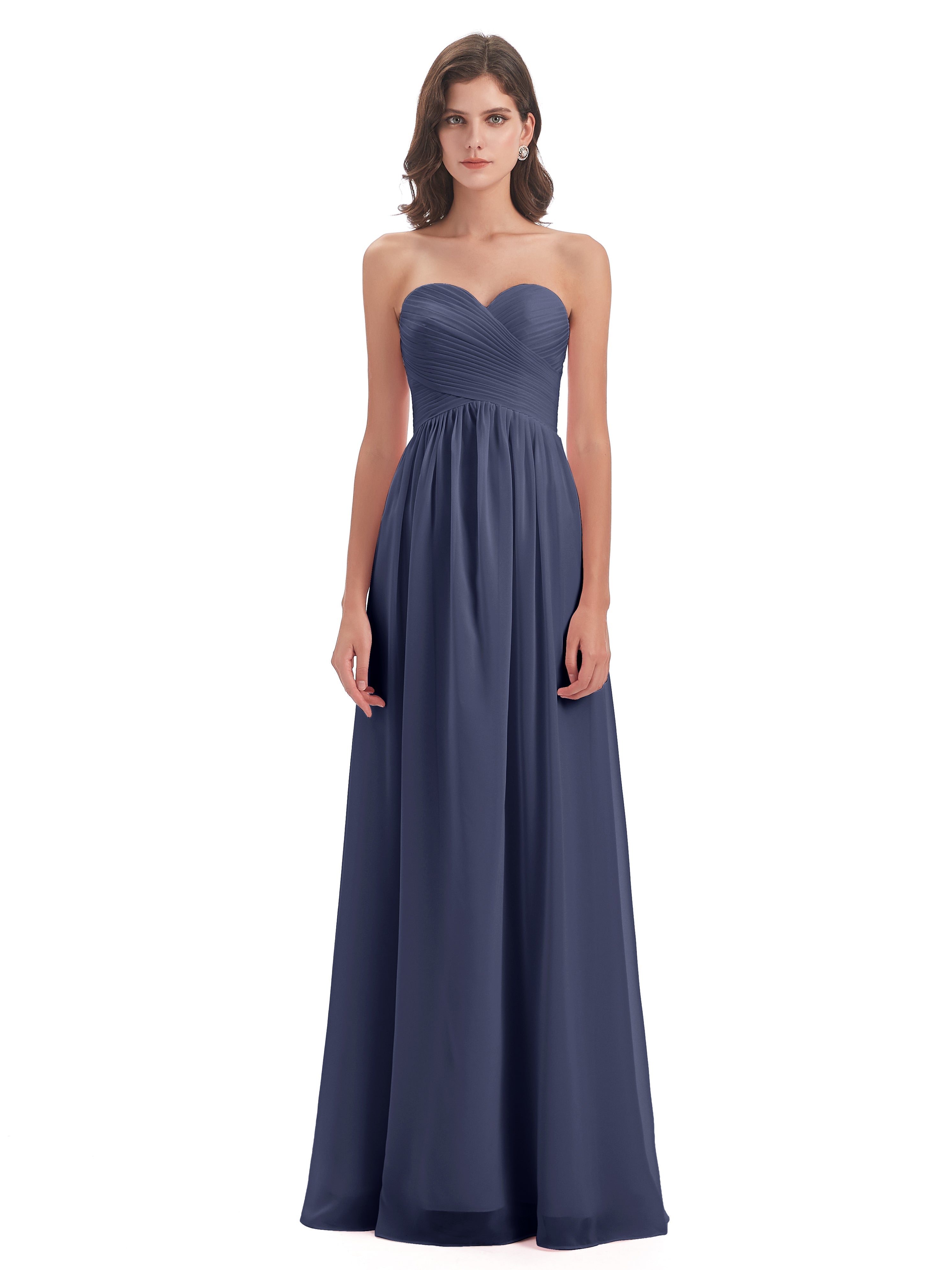 Robes De Demoiselle D'Honneur Bleu Orageux Col Coeur Sans Manche Mousseline Robes Demoiselle D'Honneur