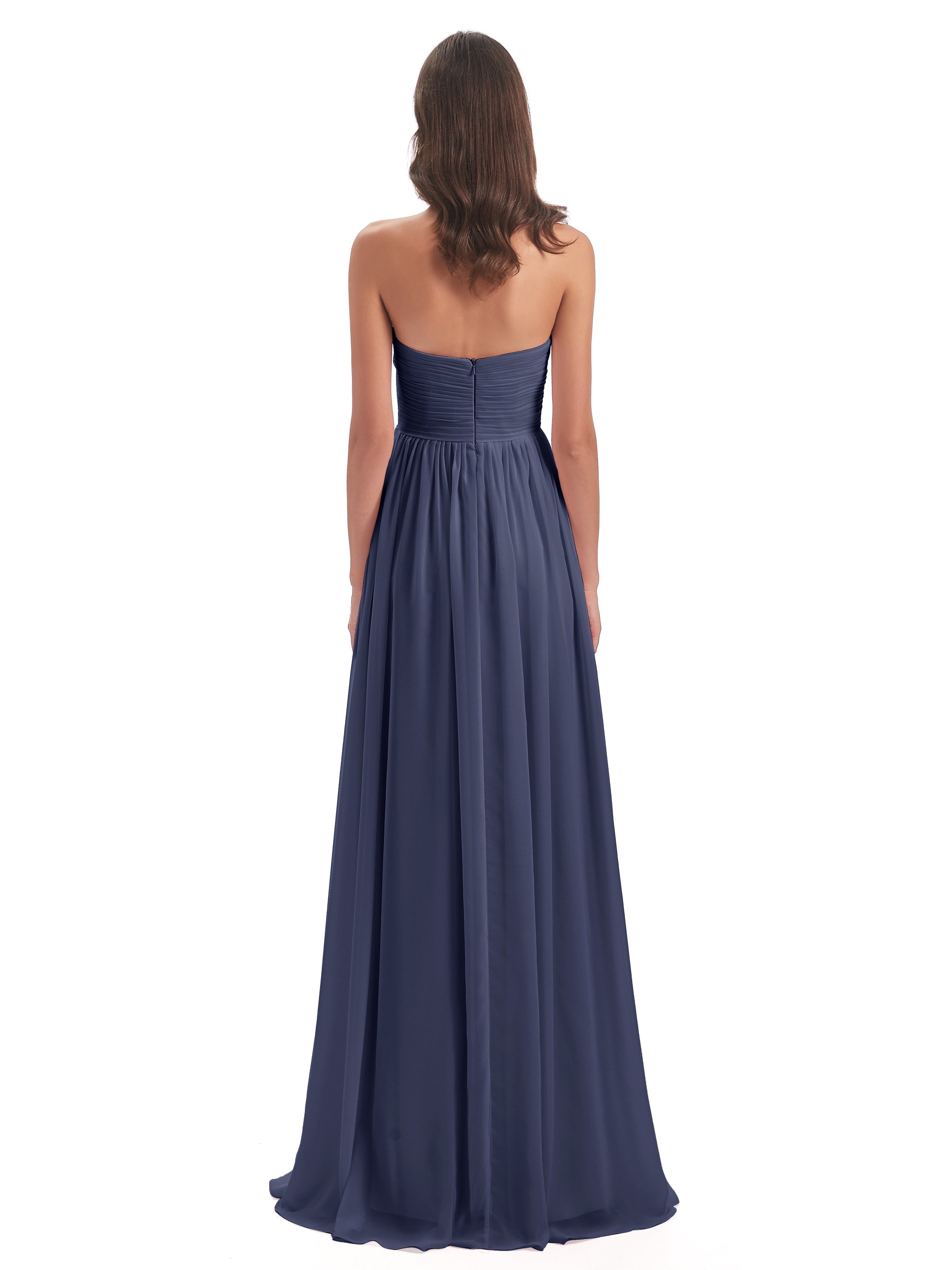 Robes De Demoiselle D'Honneur Bleu Orageux Col Coeur Sans Manche Mousseline Robes Demoiselle D'Honneur