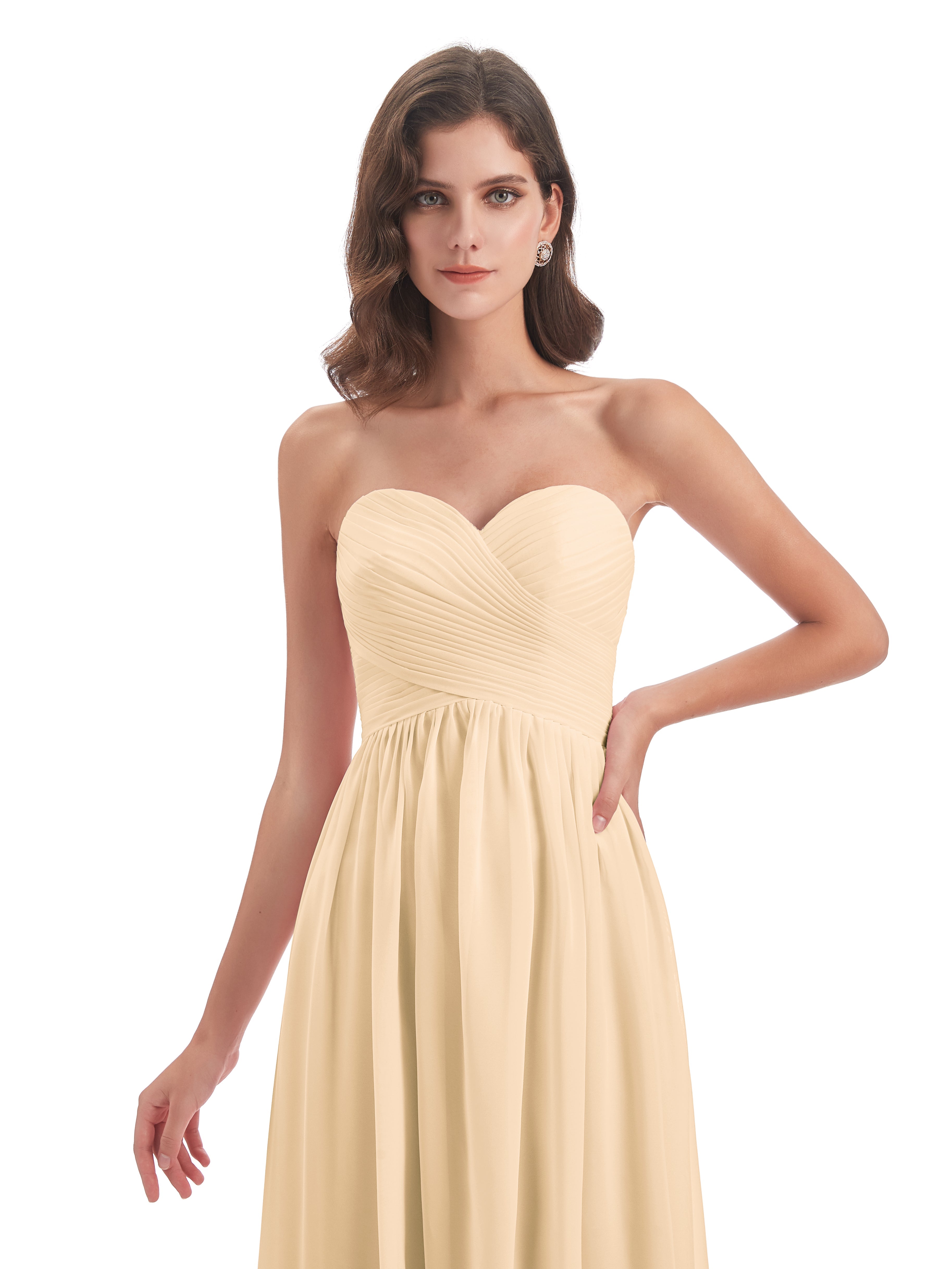 Robe De Demoiselle D Honneur Peche Col Coeur Sans Manche Mousseline Robes Demoiselle D'Honneur