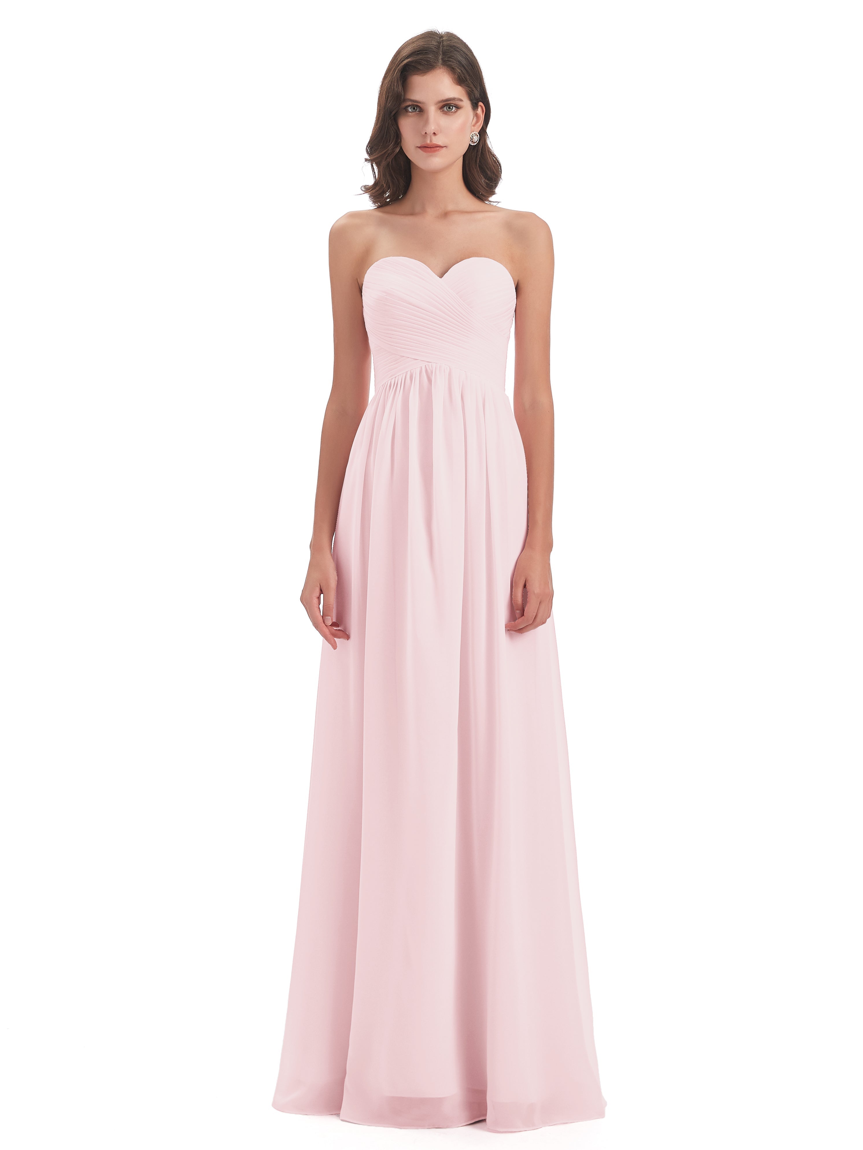 Robe De Demoiselle D Honneur Rose Pale Col Coeur Sans Manche Mousseline Robes Demoiselle D'Honneur