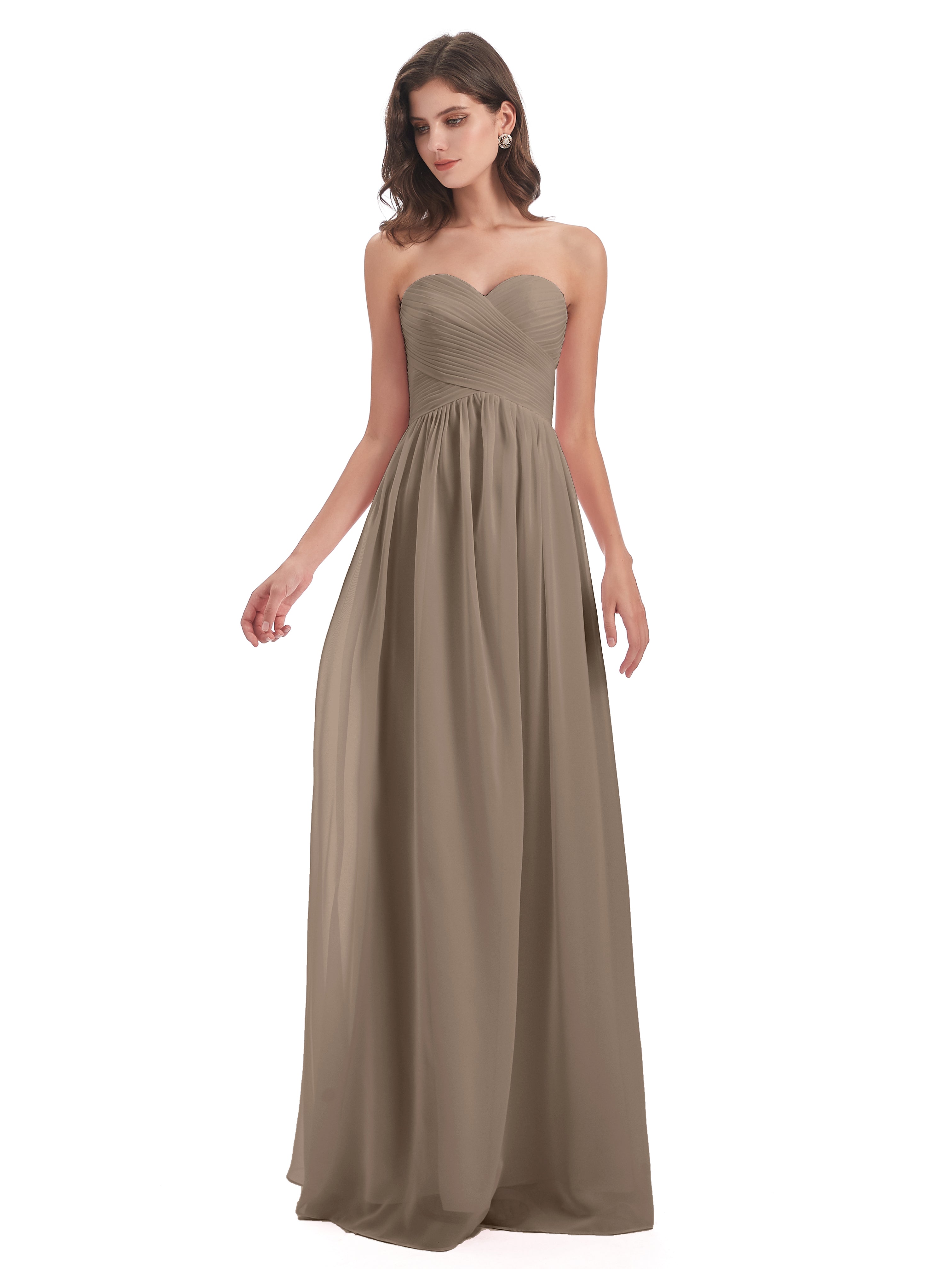 Couleur Taupe Robe Col Coeur Sans Manche Mousseline Robes Demoiselle D'Honneur