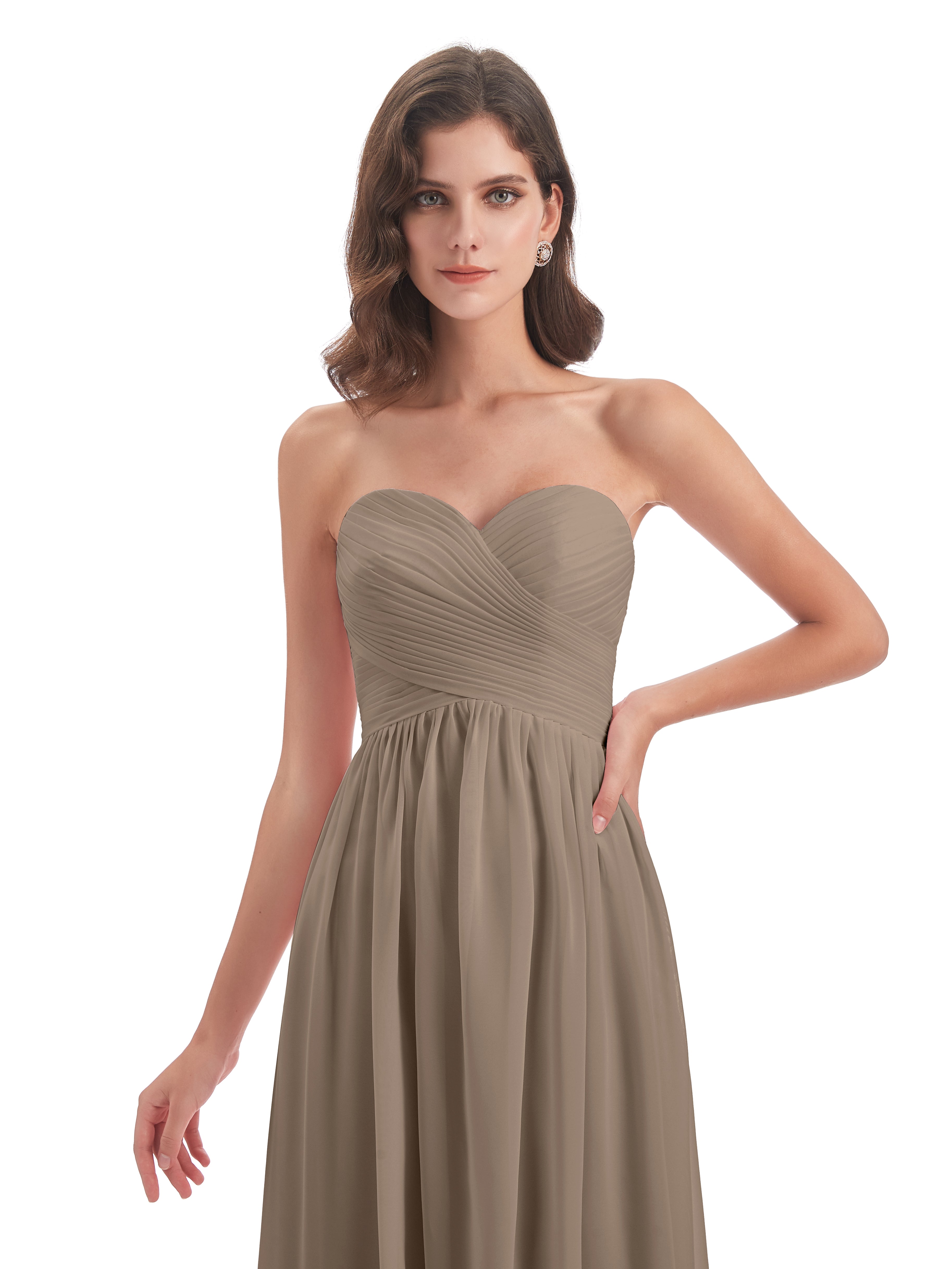 Couleur Taupe Robe Col Coeur Sans Manche Mousseline Robes Demoiselle D'Honneur