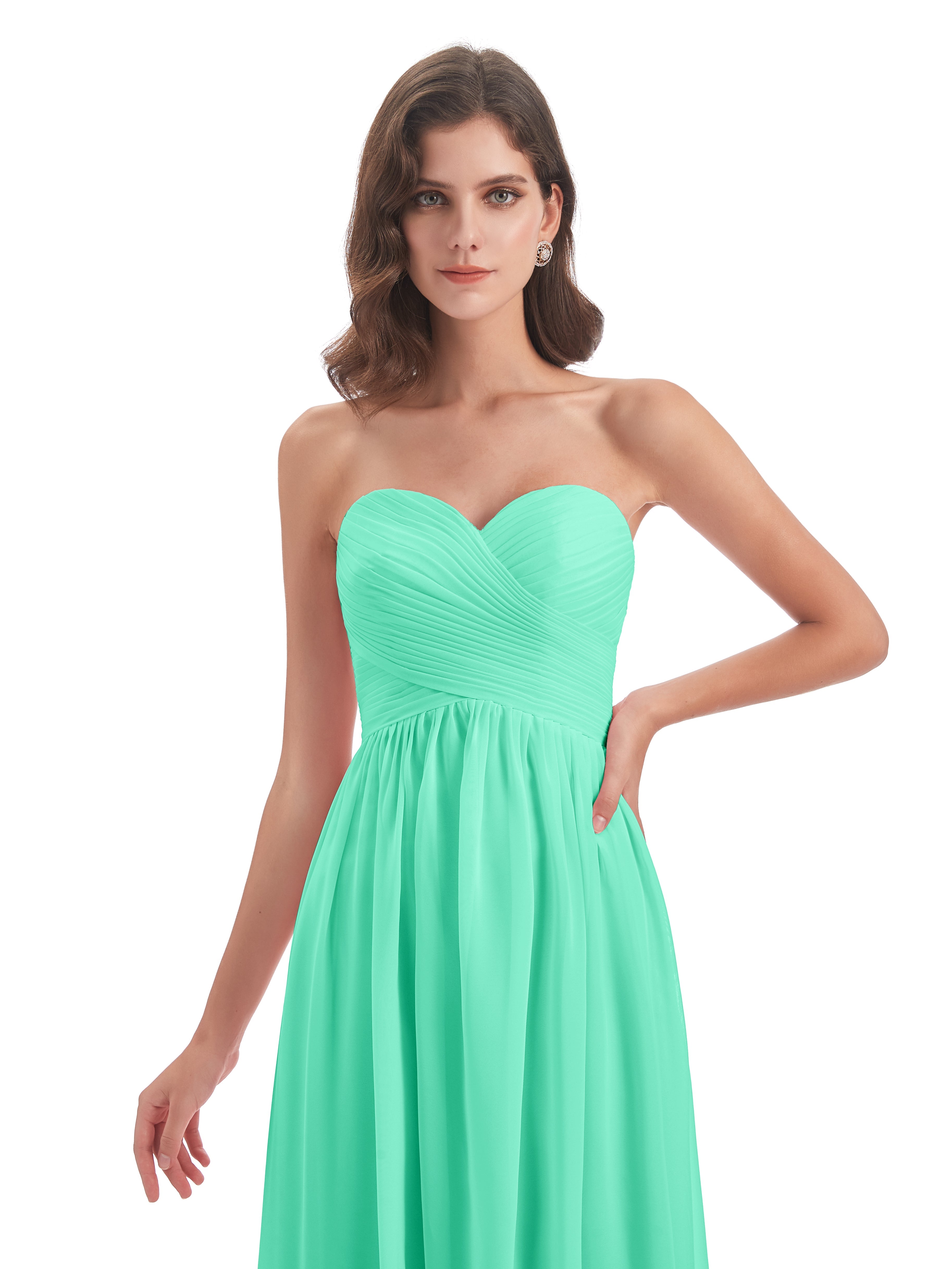 Demoiselle Dhonneur Robe Bleu Turquoise Col Coeur Sans Manche Mousseline Robes Demoiselle D'Honneur