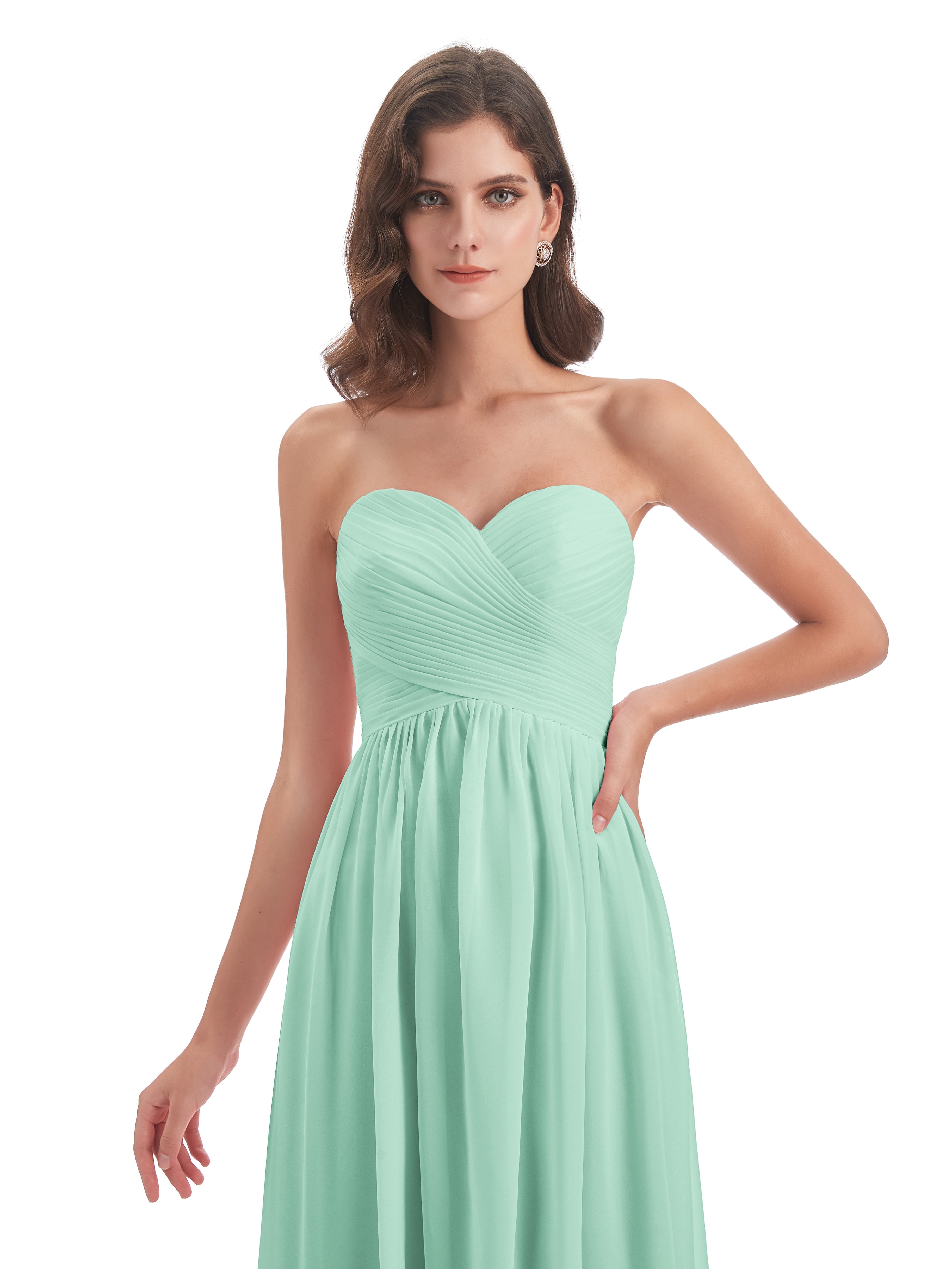 Robes De Demoiselle D'Honneur Vert Menthe Col Coeur Sans Manche Mousseline Robes Demoiselle D'Honneur