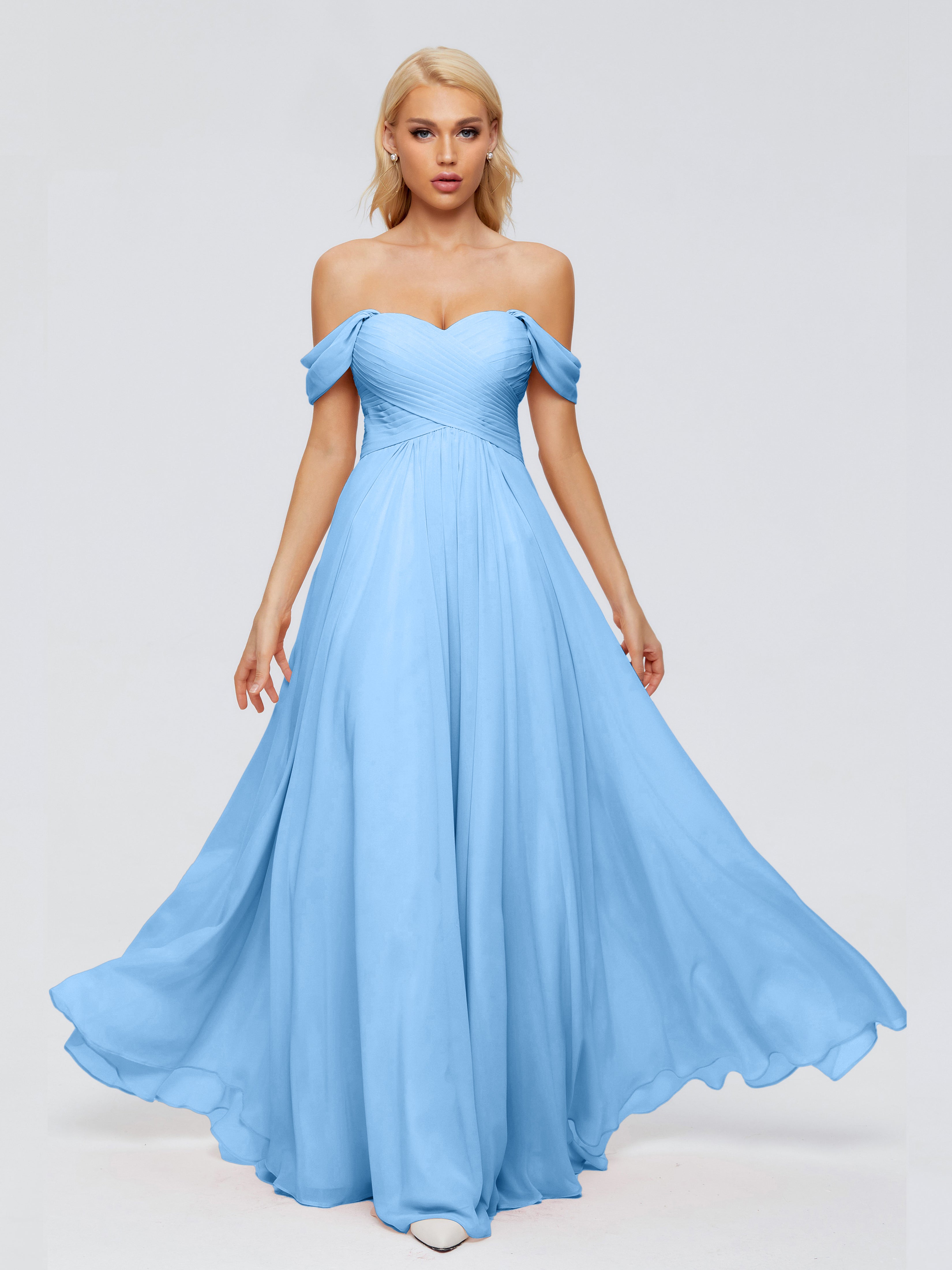 Robe Demoiselle Dhonneur Bleu Trapèze Encolure Dégagée Mousseline Robes Demoiselle D'Honneur