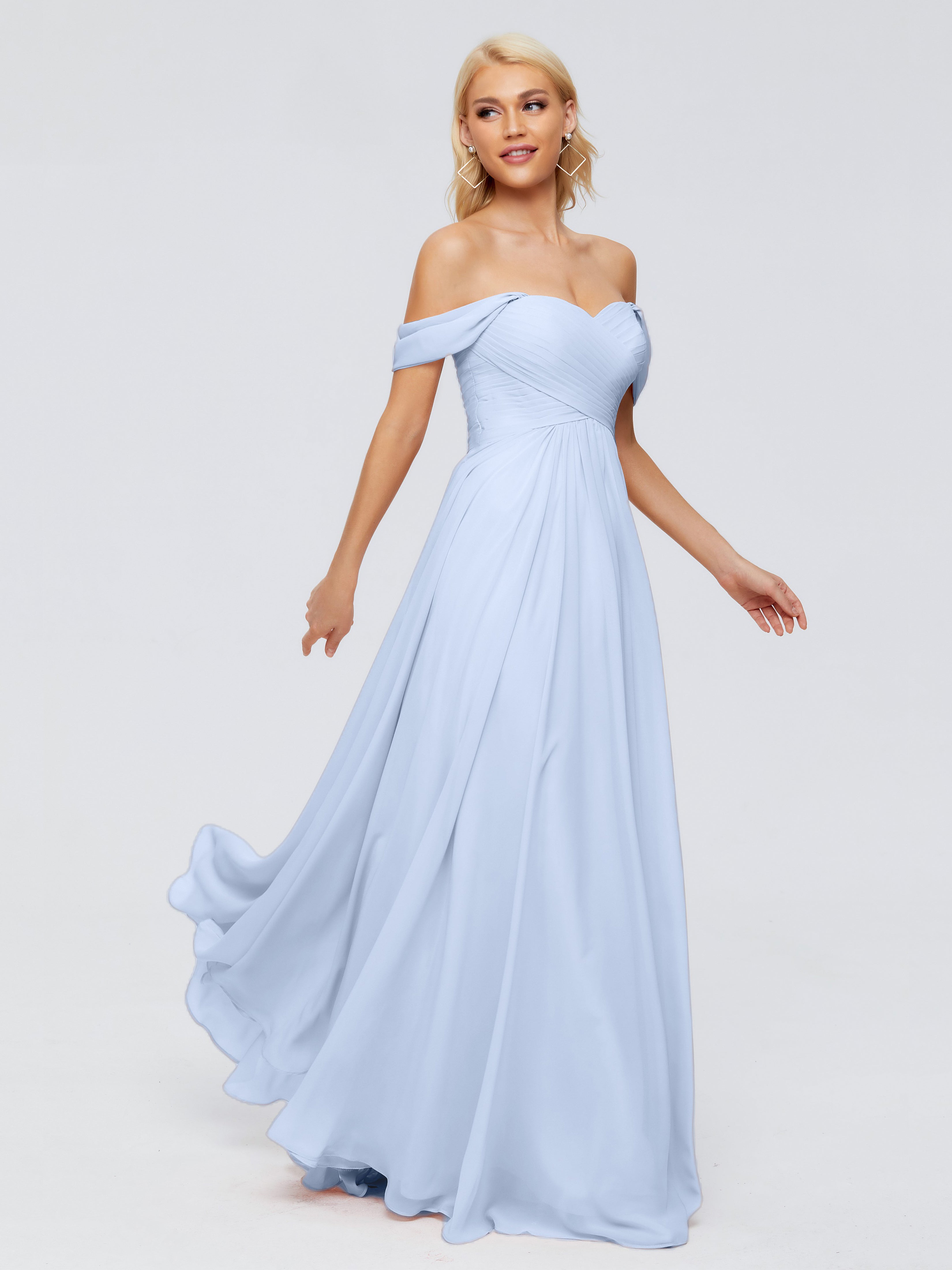 Robe Longue Bleu Ciel Demoiselle D Honneur Trapèze Encolure Dégagée Mousseline Robes Demoiselle D'Honneur